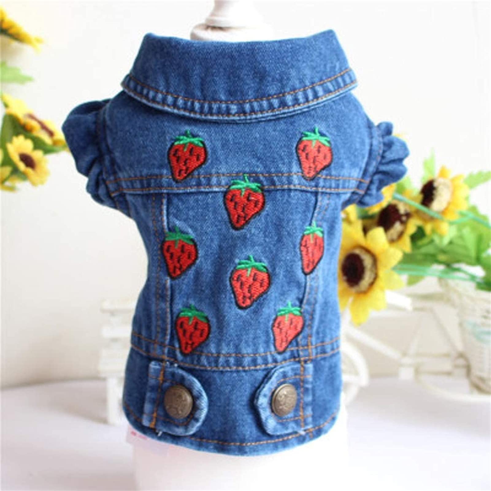 DHGTEP Dogs Clothes Dog Jeans Jacket Cool Blue Denim Coat With Embroidery Strawberry Small Medium Dogs Lapel Vests (Size : XXL)
