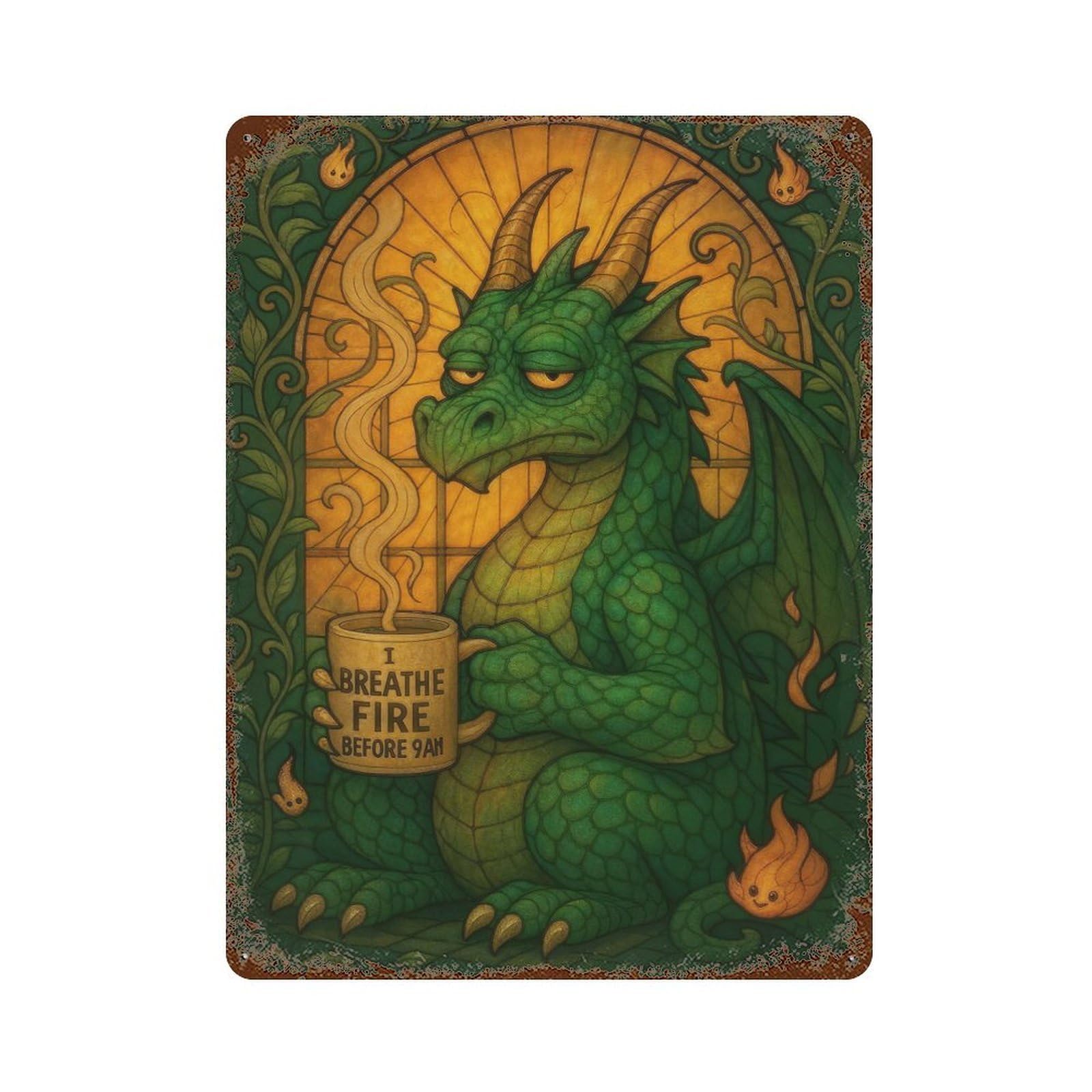 Stained Glass Coffee Dragon Decorative Tin Sign 15.7"x11.8", Farmhouse Wall Decor for Living Room, Hallway And Home Decor