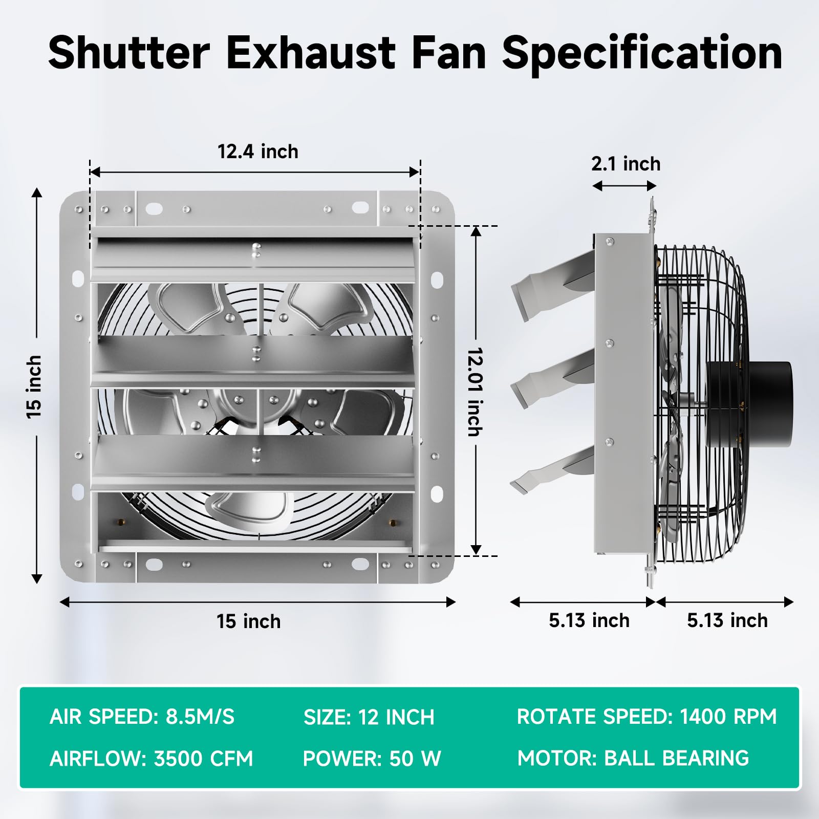 Ventilador de escape montado en la pared de 12 pulgadas, obturador automático con controlador de velocidad variable, 1430/1946CFM, ventilador de ático montado en la pared de 1400RPM para 3