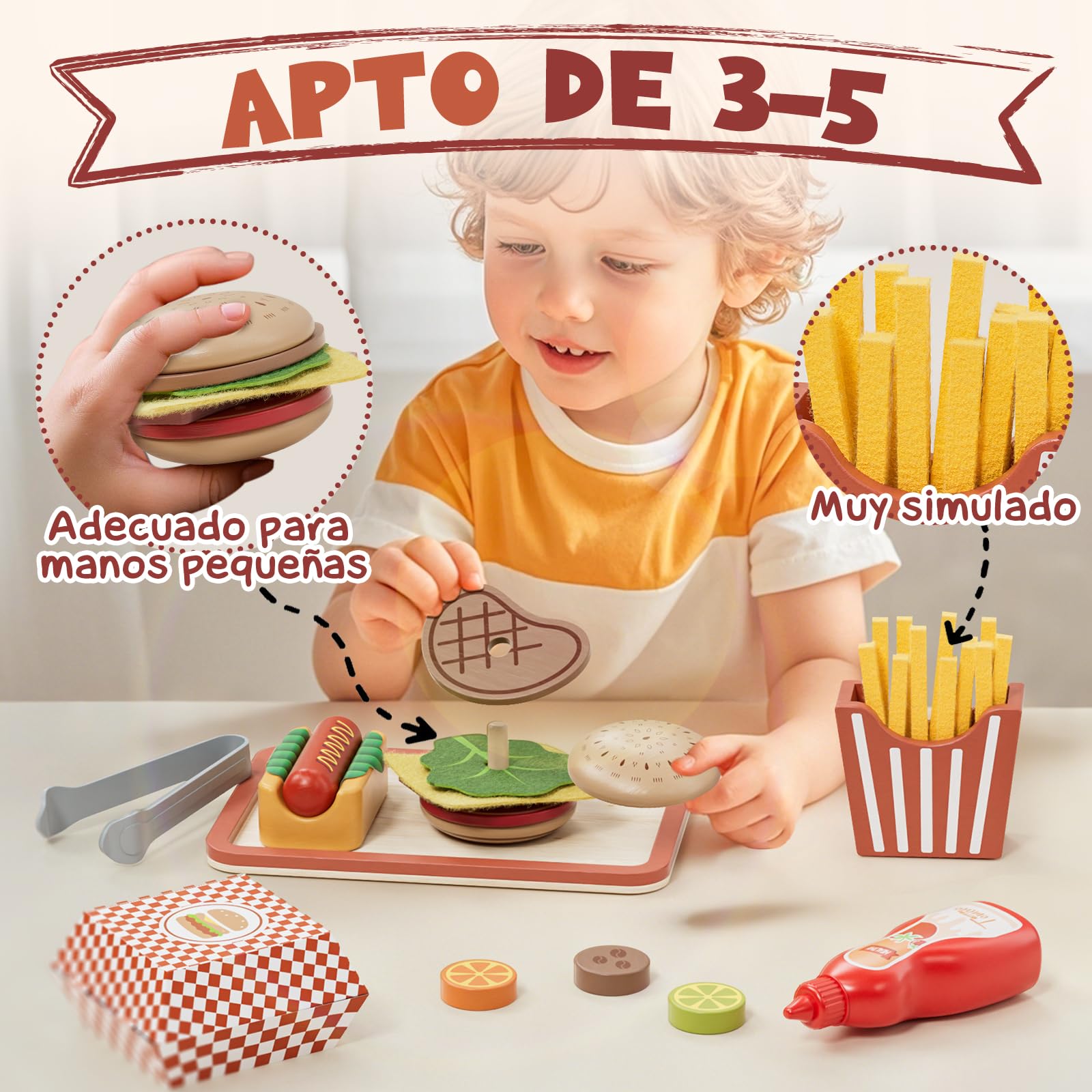 Lehoo Castle Cocinita Infantil, Cocina Juguete de Madera, Juego de Comida de Hamburguesa, Accesorios Cocina Juguetes, Juguetes Educativos para Niños 3 4 5 6 Niños y Niñas