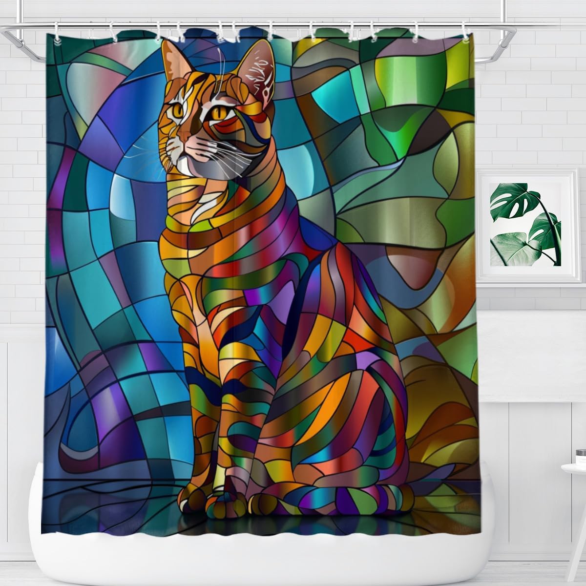 NGZ American Shorthair Cat Shower Curtain 72x72 Inch Colorful Shower Curtain for Spring Painting Print Bath Curtains for Bathroom Home Decoration with 12 Hooks