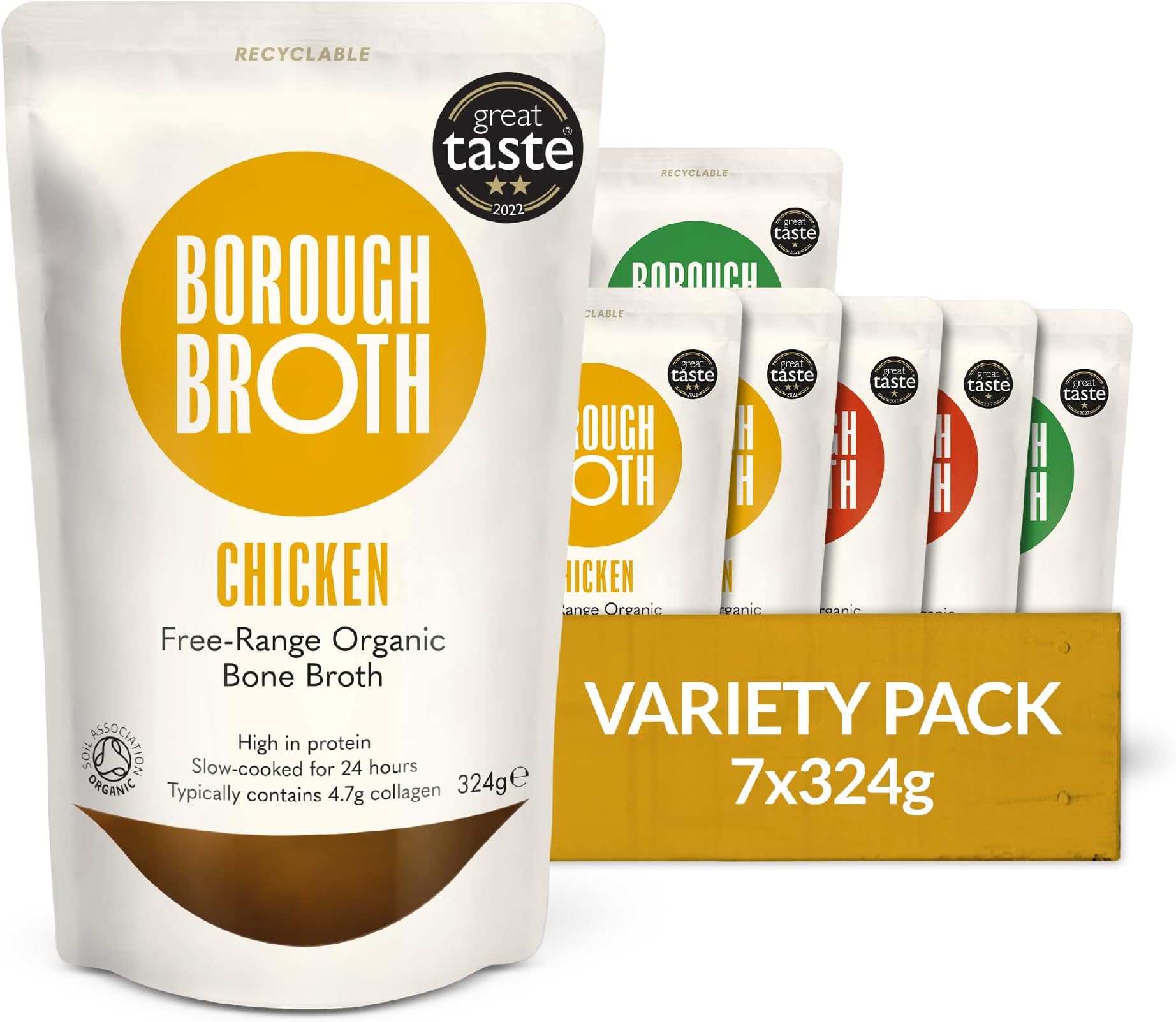 Classic Organic Bone Broth Bundle by Borough Broth - Chicken, Beef & Lamb - Free Range & Grass Fed - Source of Collagen & Protein, Low Calorie, Gluten-Free, Chilled, 7 x 324g