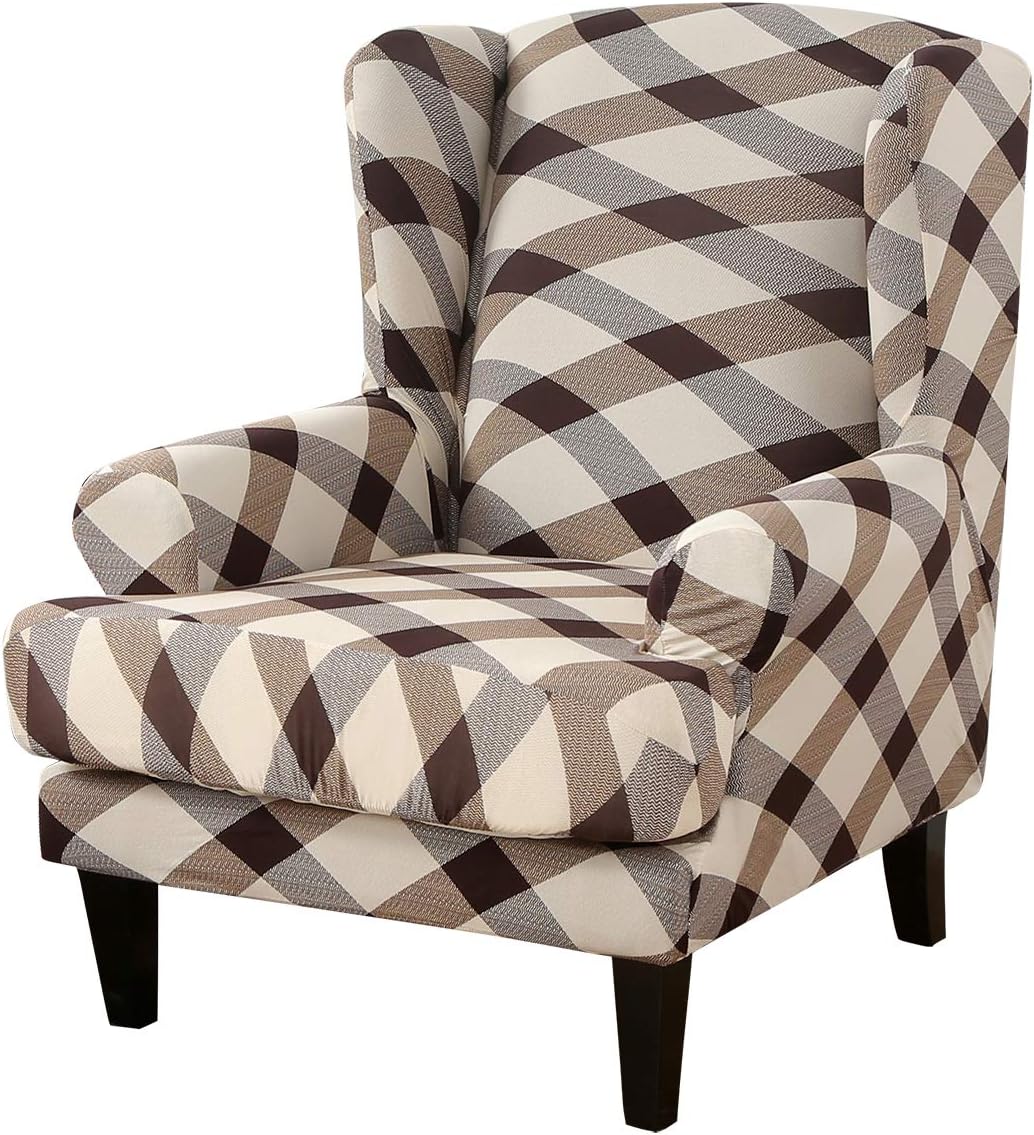 MIFXIN Wingback Chair Slipcovers 2-Piece Stretch Fabric Wing Chair Cover with Cushion Cover Armchair Sofa Furniture Protector with Elastic Bottom for Living Room Bedroom (Pattern B)