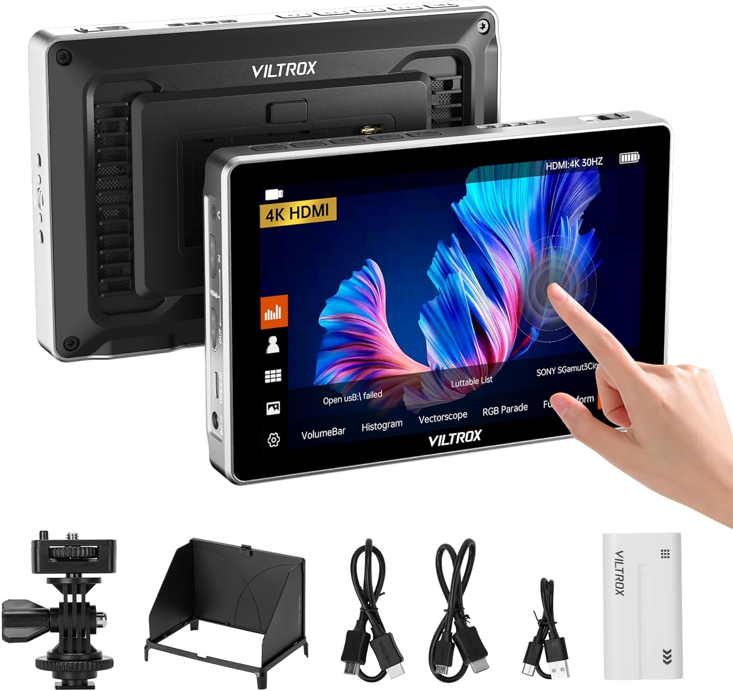 VILTROX DC-L1 7" Camera Field Monitor Touchscreen DSLR Kamera Monitor with 170° Wide View Angle,600 Nits,HD 1280x800 IPS 4K HDMI Loop in/Out with Peak Focus Video Assist Waveform,Battery,Sunshade Hood
