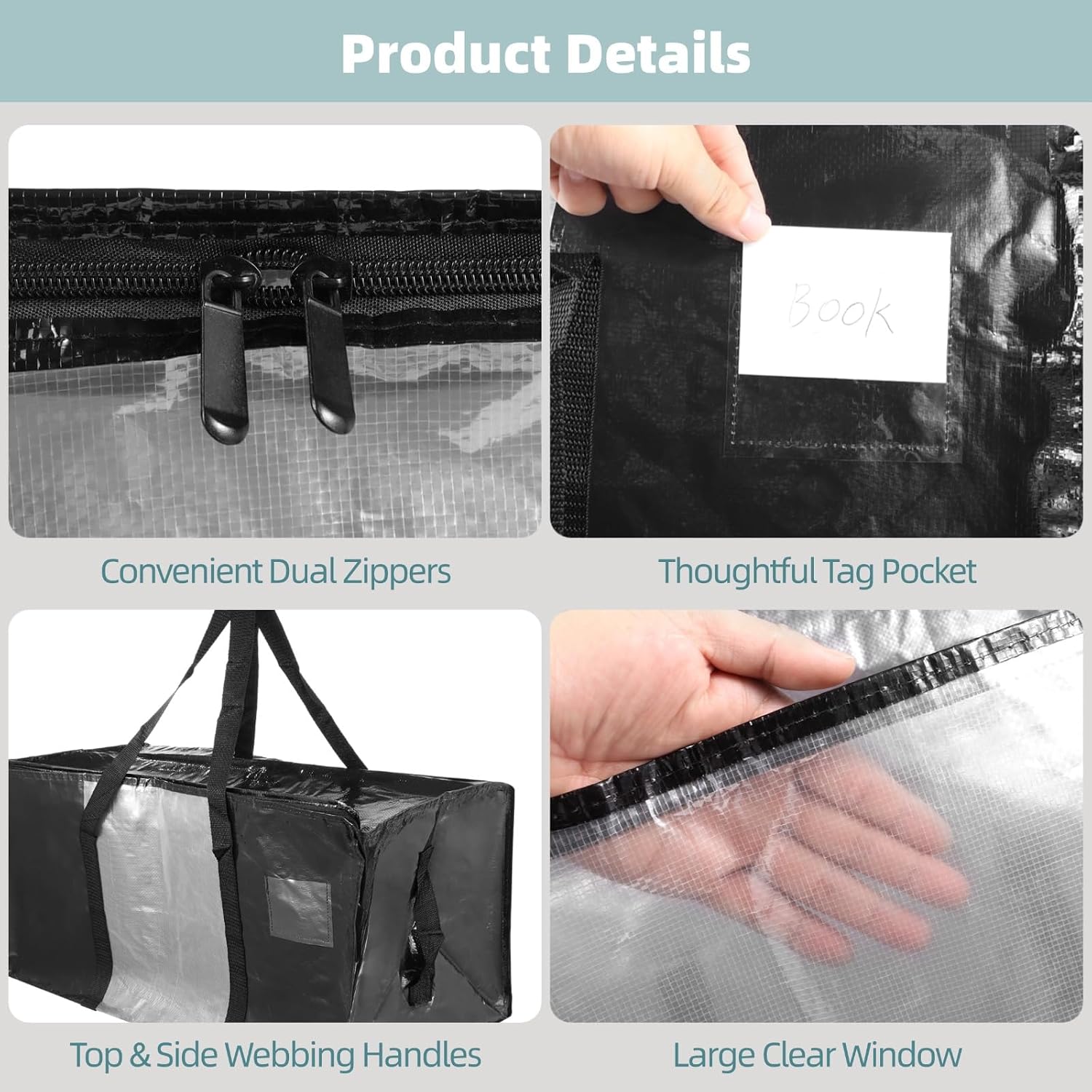 6 PCS Large Dorm Moving Bags, Waterproof Woven Bag with Clear Window & Reinforced Handles, Zippered Storage Tote for Clothes, Bedding, Moving Supplies