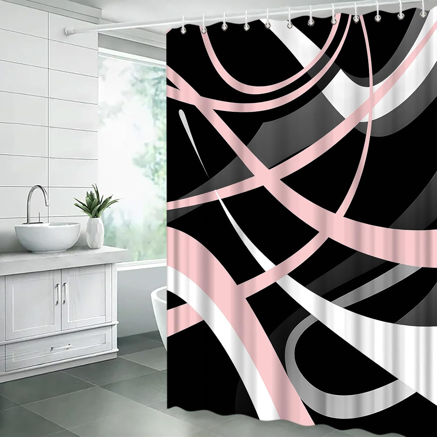 Modern Geometric Shower Curtain Pink Black Gray White Abstract Boho Geometric Stripes Aesthetic Vintage Mid Century Farmhouse Fashion 70" Wx96 H Bathroom Decor Curtain with Hooks