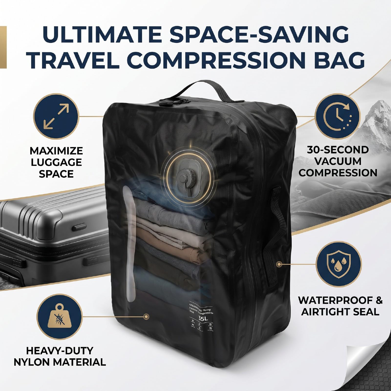 Ejoyous Sacco a Compressione Sottovuoto, Borsa da Viaggio in TPU e Nylon 210D da 35 Litri con Valvola Unidirezionale, Cerniera IP67, Organizer per Bagagli Riutilizzabile per Viaggi, Campeggio, (BLACK)