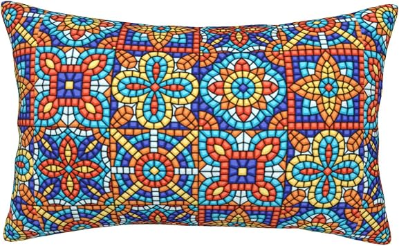 Mexican Talavera Ceramic Tile Pattern Ethnic Folk Throw Pillow Cover, Cushion Case Decoration for Sofa Couch 14"x20"