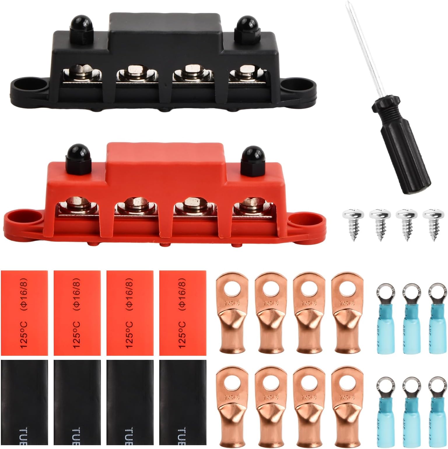 2 Pcs Power Distribution Block 12V-48V 250A, Bus Bar Box with Black Red Cover, 4x M8 Terminal Studs, 3x M4 Screw Terminals, Screwdriver, Heavy Duty Car Battery Junction Block, Module BusBar for Marine