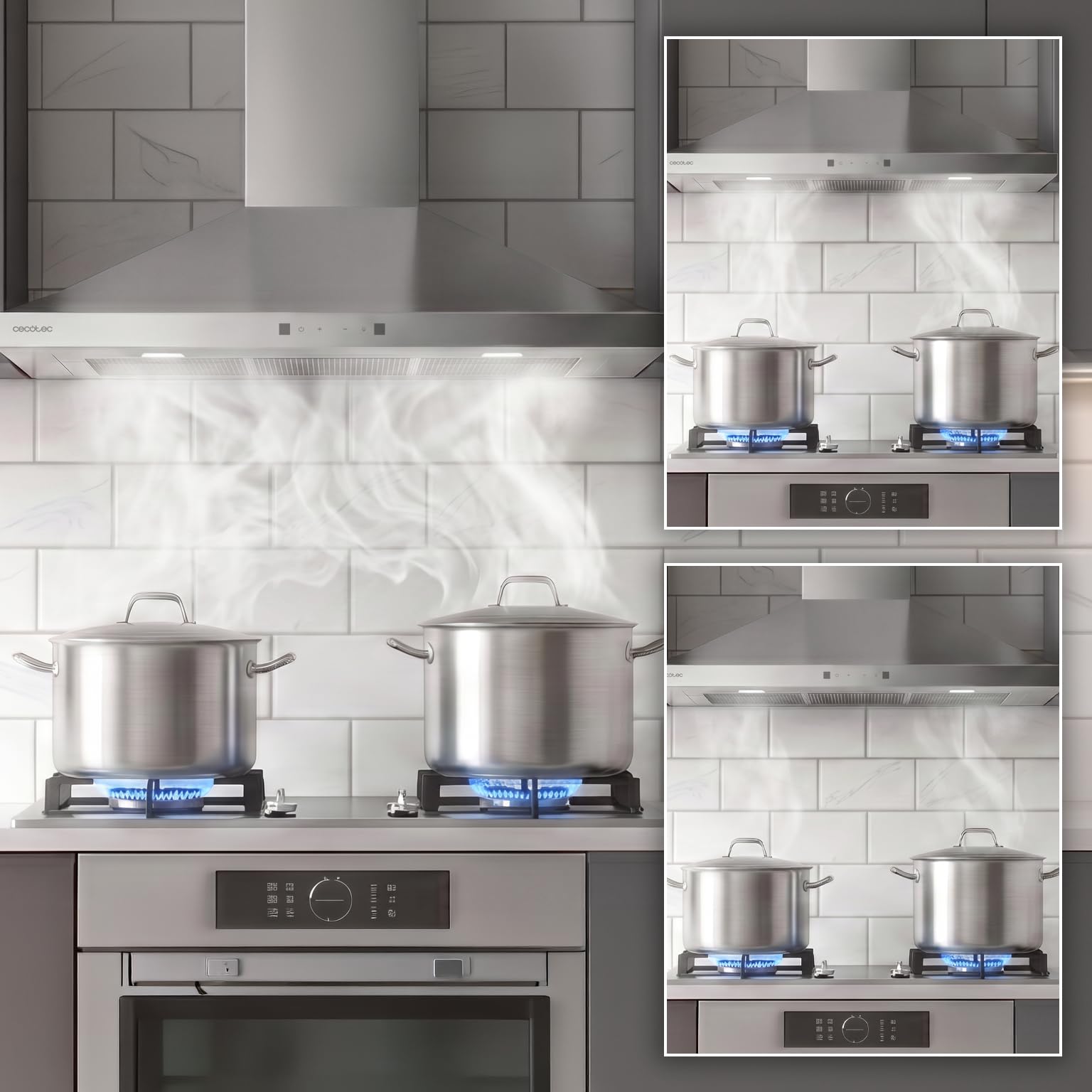Cecotec Okap piramidalny 70 cm Bolero Flux PT 704400 Inox A+++. Przednie szkło w kolorze białym, ssanie 449,5 m³/h, niewidzialne sterowanie dotykowe, funkcja wzmacniacza, filtry zmywalne, klasa A+++