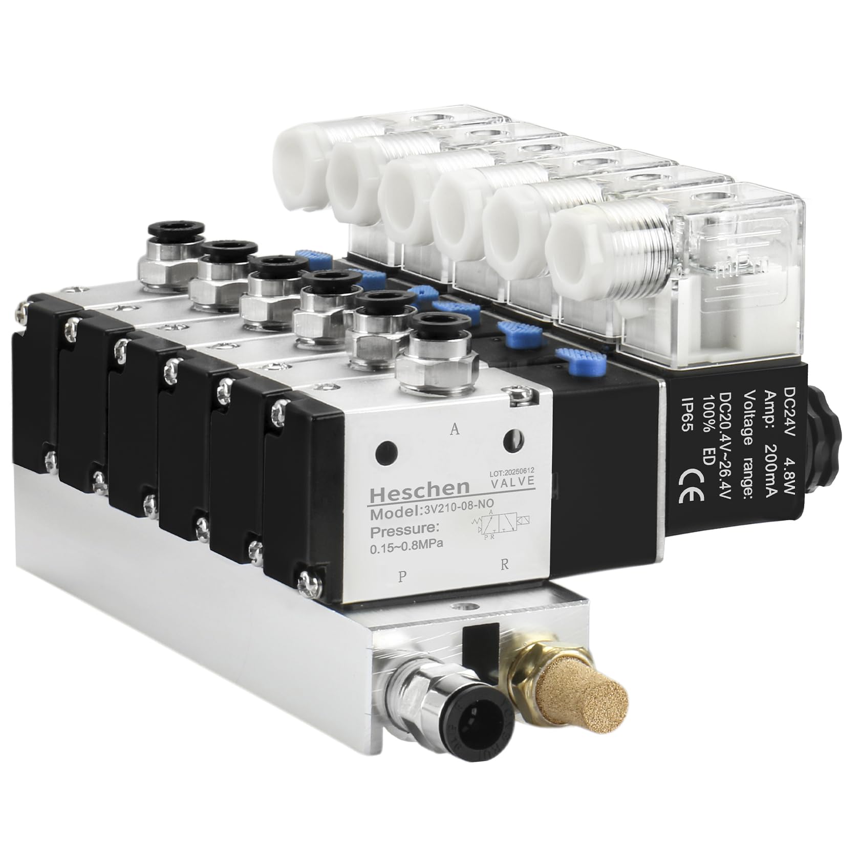 Heschen Électrovanne pneumatique électrique 6, 3V210-08-NO, 24VDC, port PT1/4", 2 positions 3 voies, type normalement ouvert, silencieux de base de collecteur, ensemble de raccords rapides