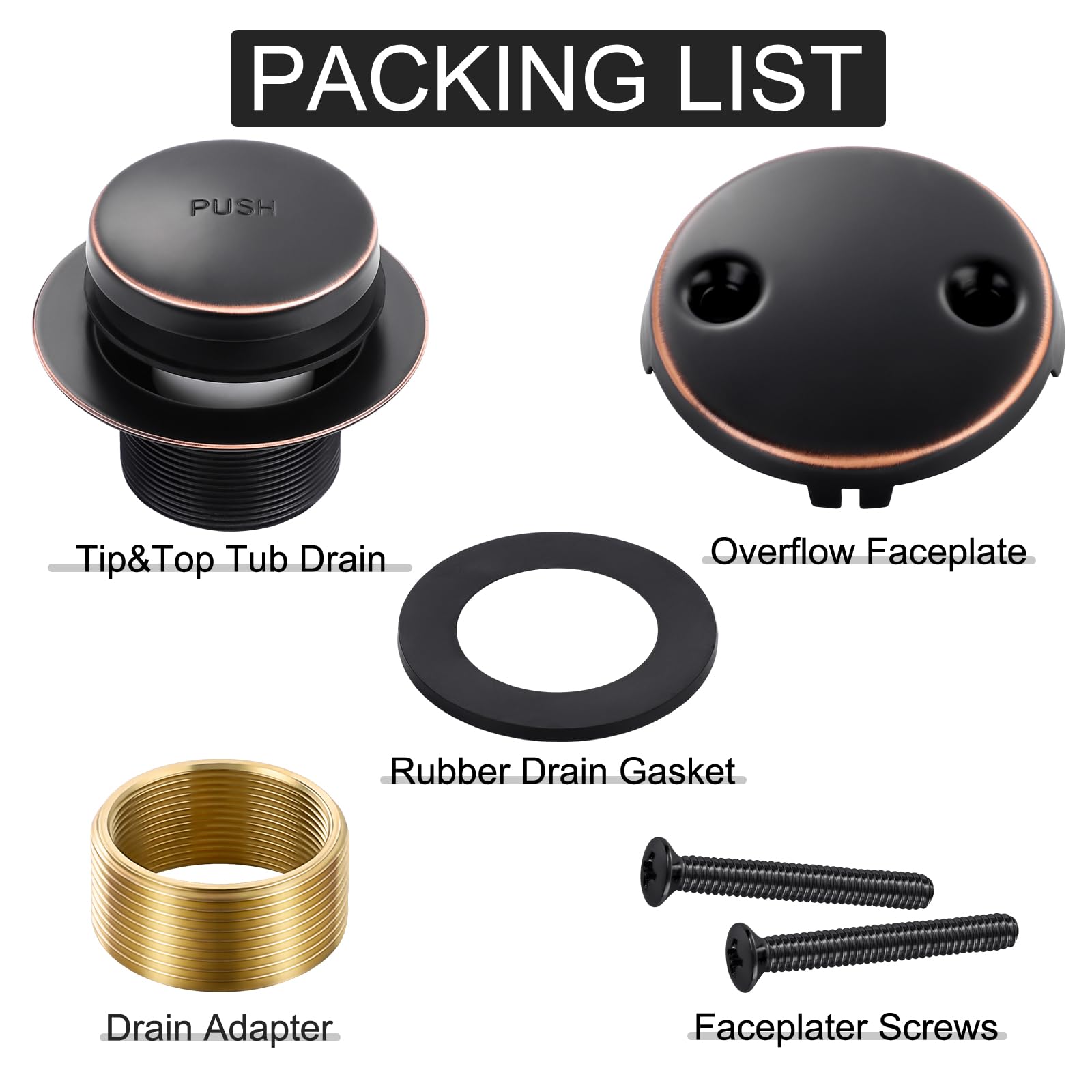 Kit de drenaje de bañera de bronce aceitado con placa frontal de desbordamiento de dos agujeros | Kit de repuesto para desagüe de bañera, montaje de conversión universal con roscas finas y gruesas, accesorios de baño