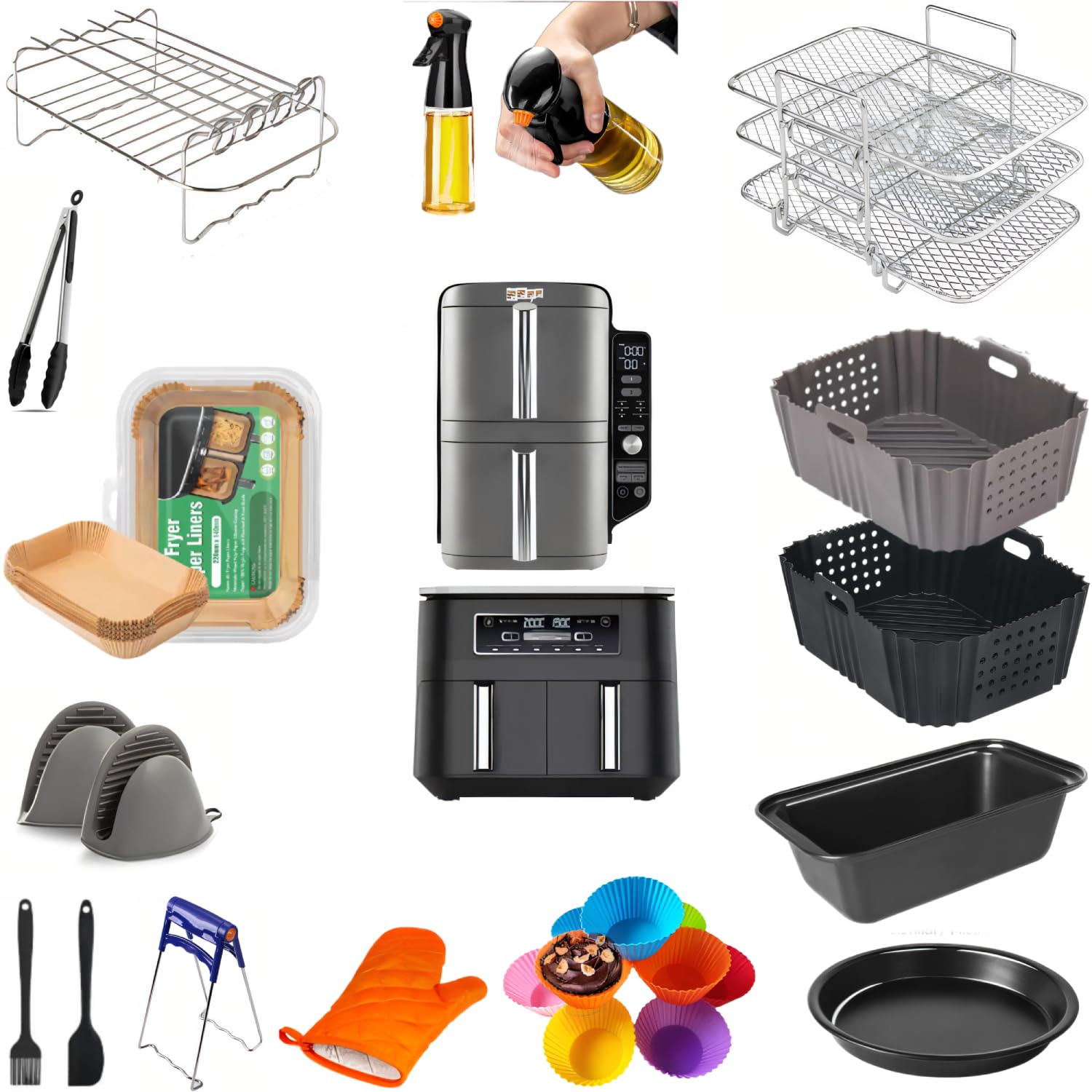 I migliori accessori per friggitrice ad aria, pentole in silicone riutilizzabili 20 pezzi, griglie e padelle in acciaio inossidabile, fodere da 50 pezzi. Qualità eccellente, si adatta alla maggior