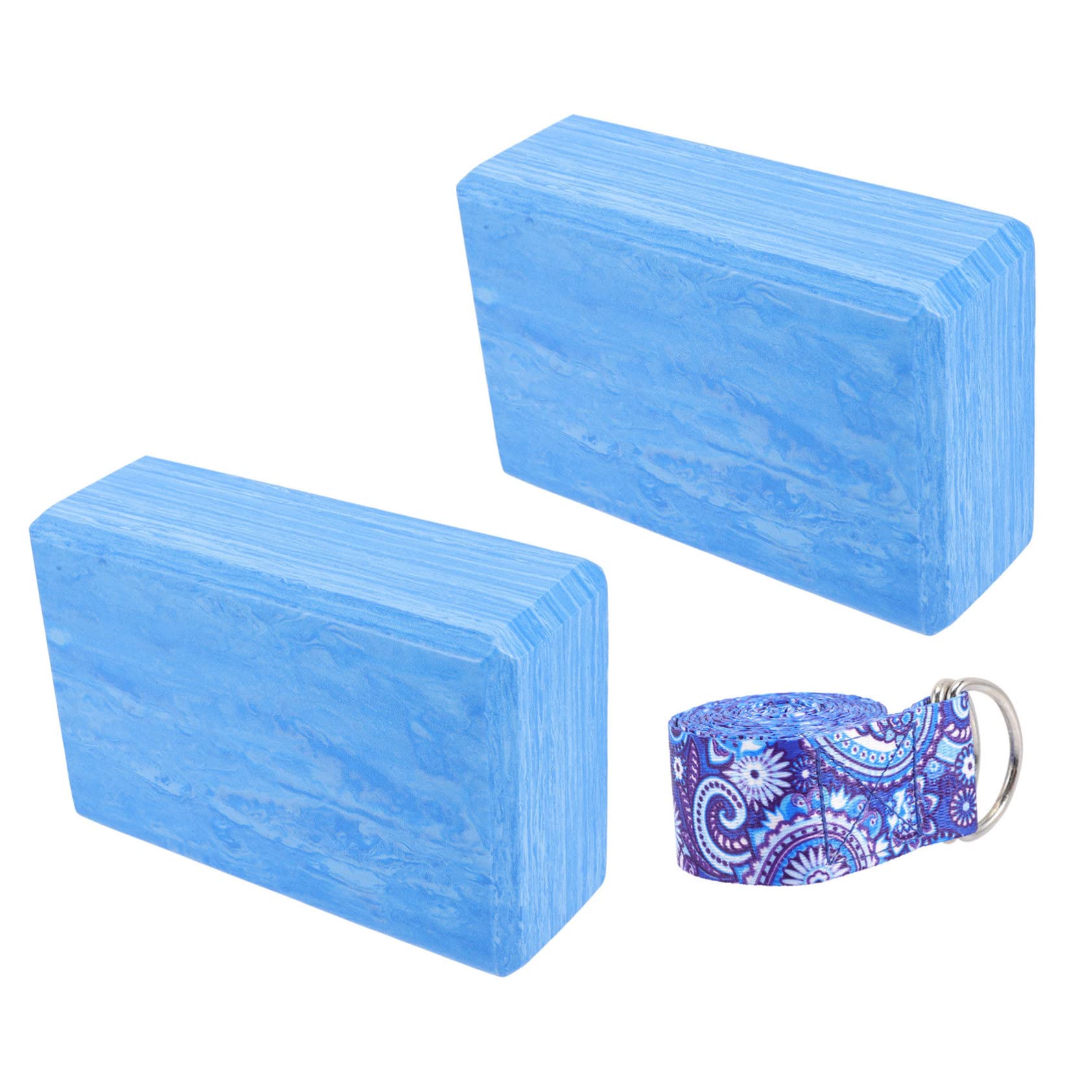Blocco Yoga in Eva, Set da 3 Pezzi Blu Mimetico per Allenamento | Cintura da Stretching Inclusa, Supporto per Esercizi e Danza, Accessorio per Pratica Yoga