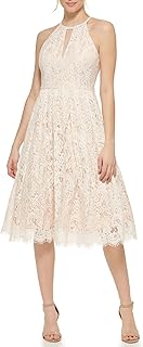 Women's Midi Style Fit and Flare Sleeveless Halter Neck Lace Dress - Buy now