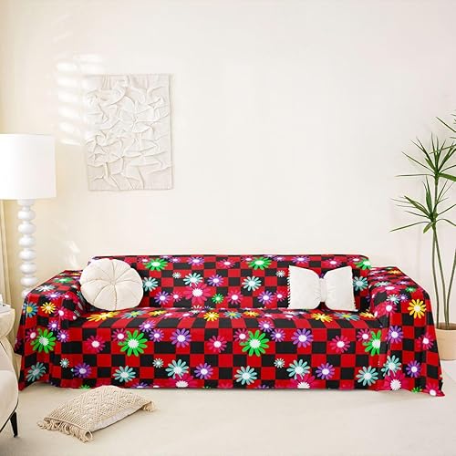 Plaid Couch Cushion Covers for Large Dogs Boho Floral Rustic Couch Covers Red and Black Checkerboard Sofa Cover,Geometric Checkered Grid Cushion