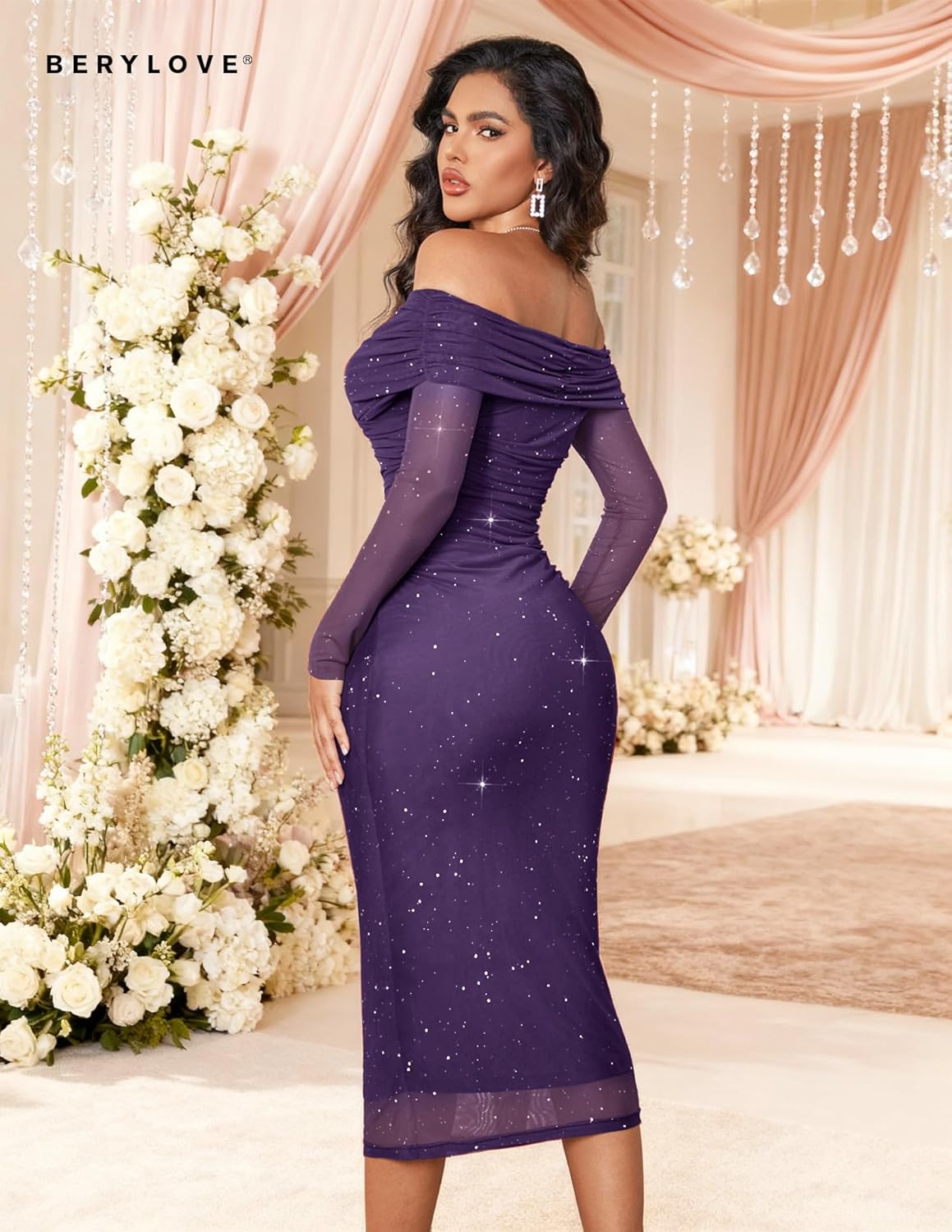 BeryLove Womens Sparkly Off Shoulder Formal Wedding Guest 2026 Cocktail Mesh Sequin Dress - Image 3