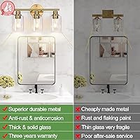Vista 3 de 3 lámparas de baño doradas, lámpara de tocador de baño moderna con pantalla de vidrio transparente, luces de pared de baño de oro cepillado, lámpara