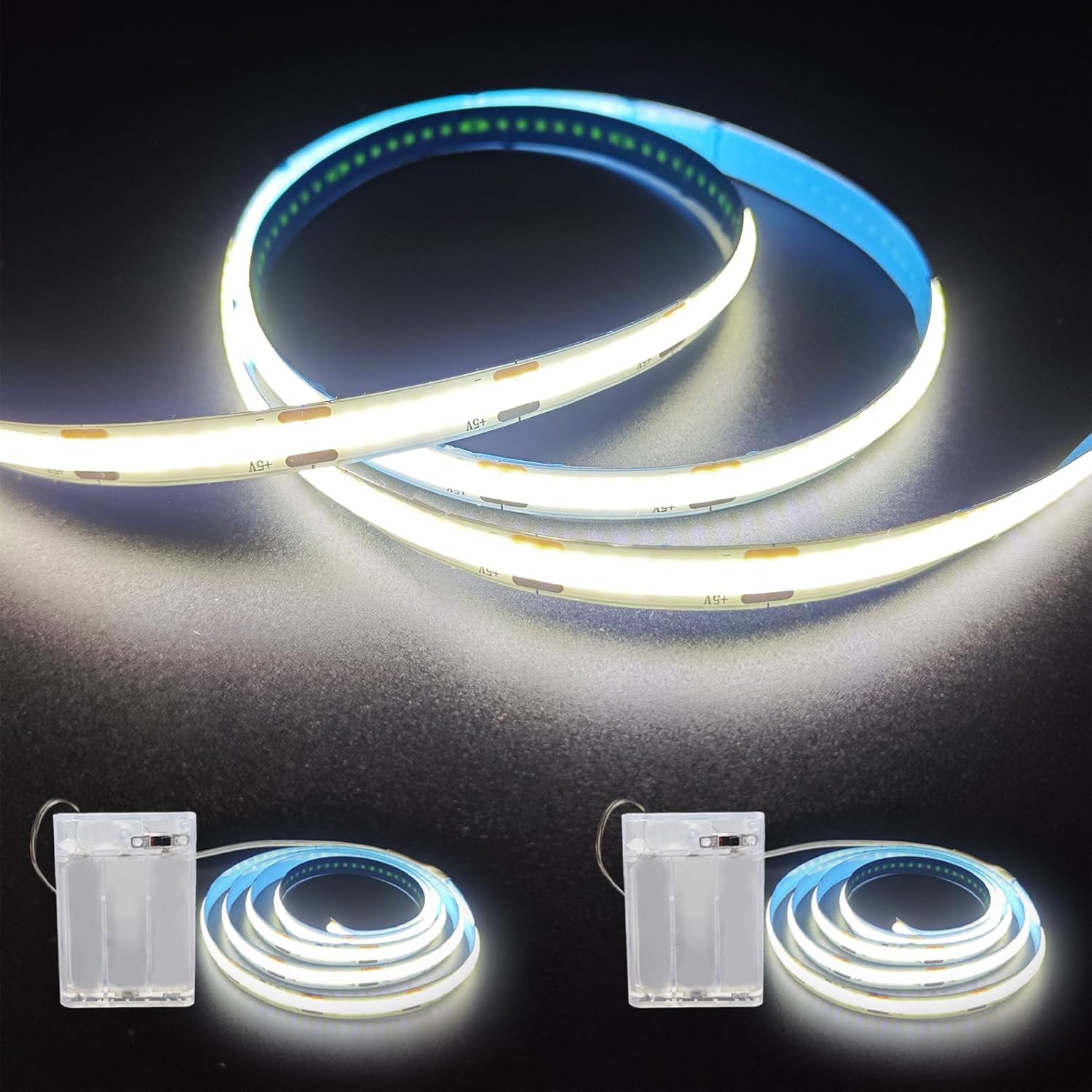 ZSLAIFU Battery Powered LED Strip Lights, 2Pack 3.3FT COB LED Light Strip, Battery Operated LED Lights, White LED Strip Lights Battery Powered for Closet, Cabinet, Shelf, Kitchen, DIY Lighting