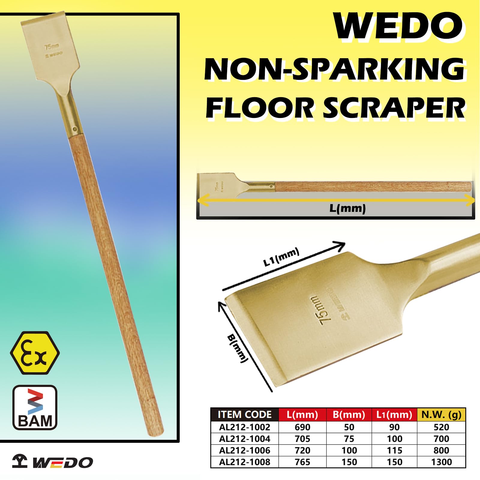 WEDO Raspador de suelo sin chispas, cincel de escala, herramienta raspadora de pintura con mango de madera, hoja raspadora de 50 x 90 mm, longitud 690 mm, bronce de aluminio, certificado BAM/FM,