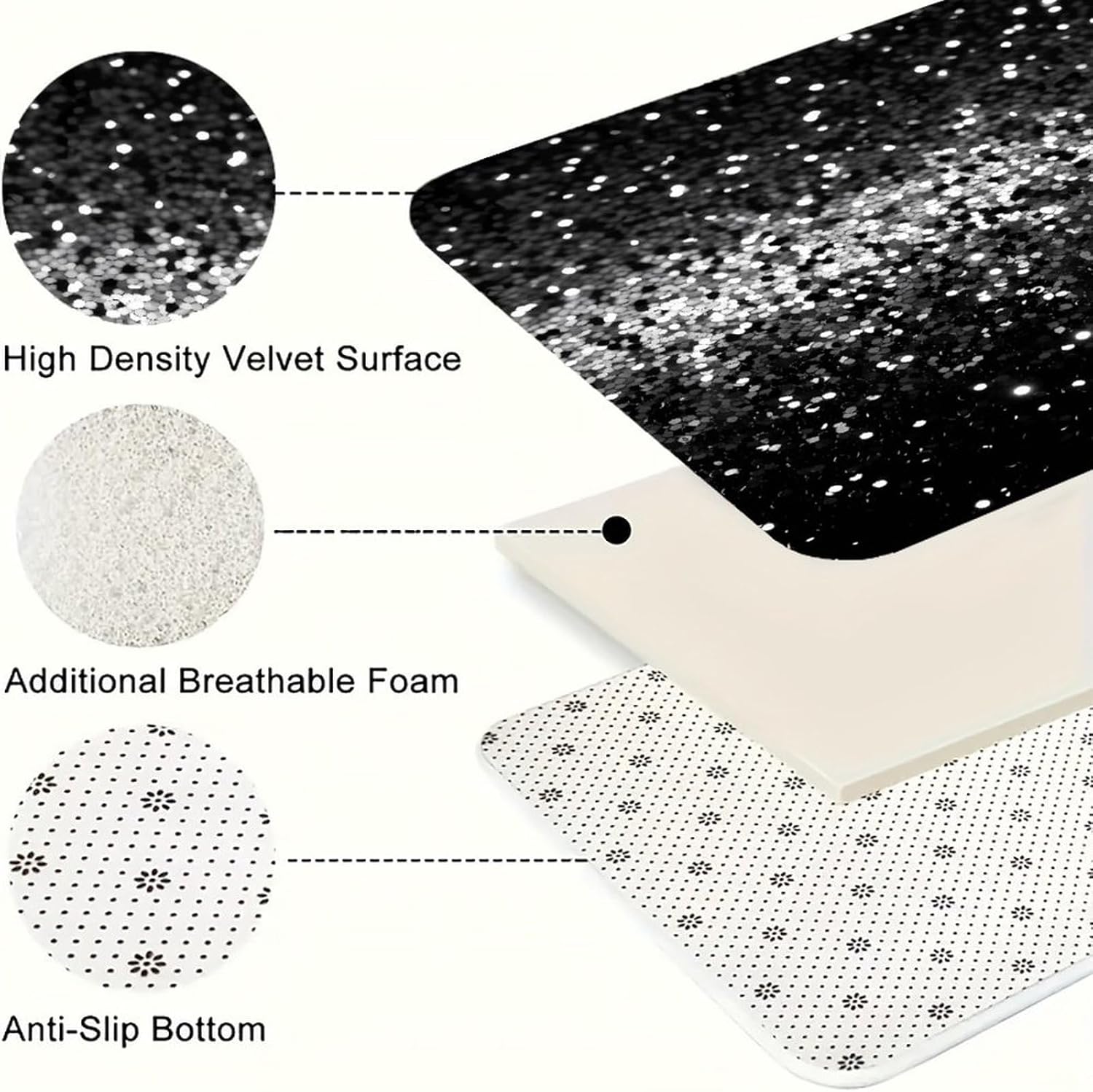 Black White Glitter Kitchen Mat Set of 2 Ergonomic Comfort Velvet Rugs Cushioned Anti-Fatigue Non-Slip Standing Mats Thick Kitchen Floor Mat Carpet Runner Rugs 16"×24"+17"×47"