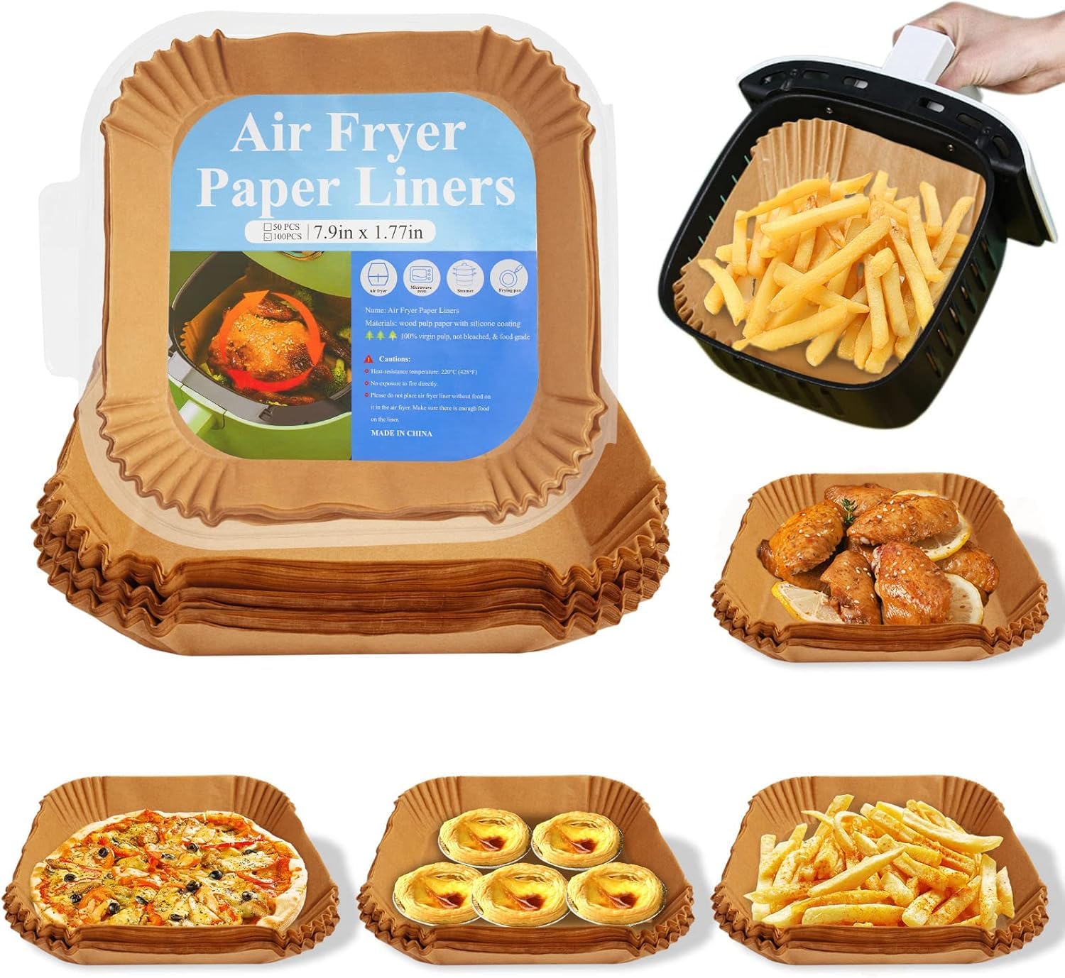 Topavatop Large 9.5in Air Fryer Disposable Paper Liners(24cm) بطانات المقلاة الهوائية الورقية, Square Parchment Paper Liner for 5-8QT Air Fryer, Extra Thick Baking Paper for Baking, Bottom Wide 7.9in