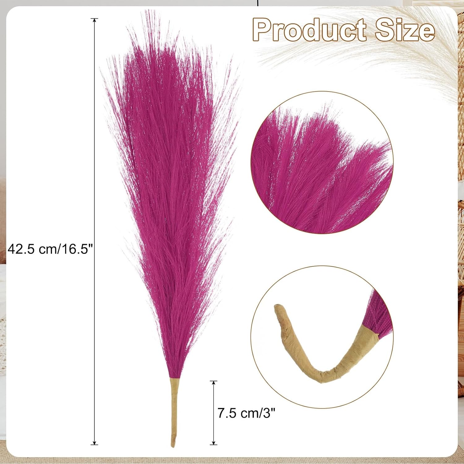 6 Pcs Faux Pampas Grass 42.5cm/16.5" Dried Pampas Grass 9 Branches, Rose Red HEVERCH 033