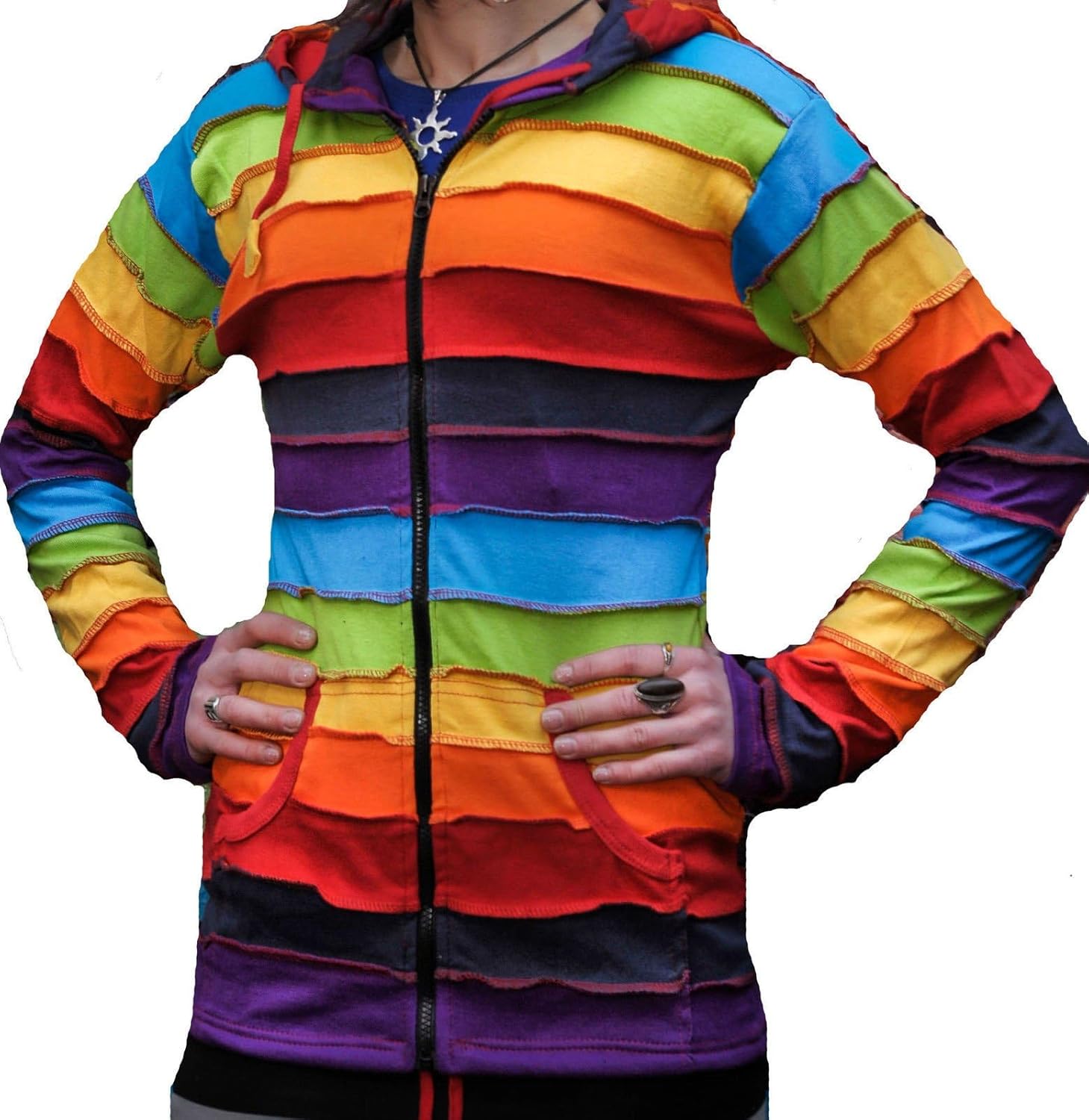 Shopaholic Fashion Women's Colourful Festival Jacket, Rainbow Stripe Pixie Rib Hoodie - Image 4