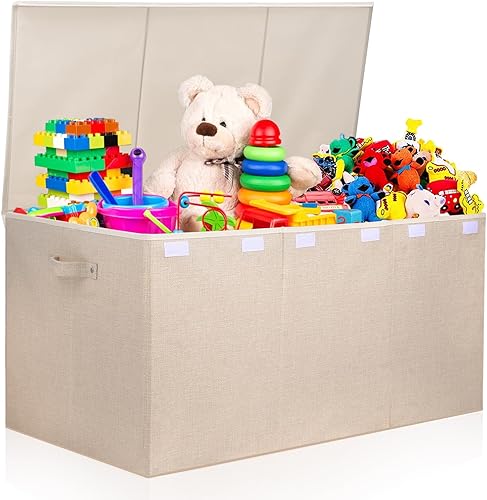 Miniatura 15 de popoly Caja de juguetes grande con tapa abatible, contenedor plegable para niños, niñas, guardería, sala de juegos, 25 x 13 x 16 pulgadas (rosa