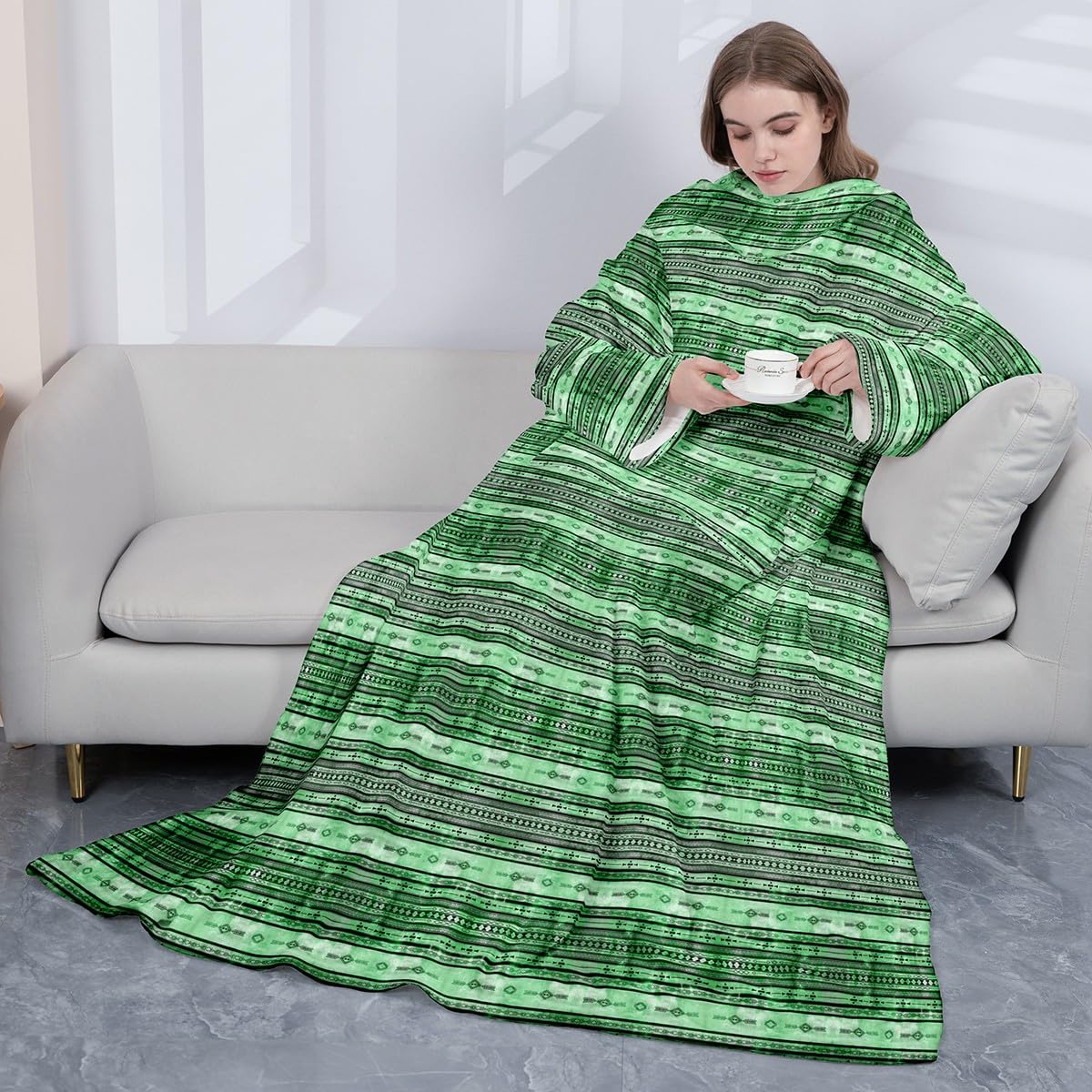 Homemissing Manta de forro polar del suroeste con bolsillo de mangas de 50 x 50 pulgadas, manta geométrica de forro polar con mangas para manta tribal, diseño nativo americano, manta de felpa verde y