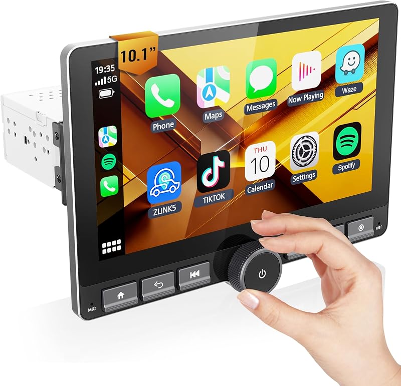 Android Car Stereo 10.1" Single Din with 360° Rotatable Touch Screen - Android 13, Wireless CarPlay & Android Auto, 2G+64G, Built-in GPS/Wi-Fi/Bluetooth, Includes Backup Camera