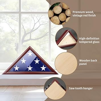 ASmileIndeep Flag Display Case - 5' x 9.5' Funeral & Military Flag Shadow Box with HD Tempered Glass and Wall Mount, Folded Triangle Flag Holder Frame for Veterans, Red