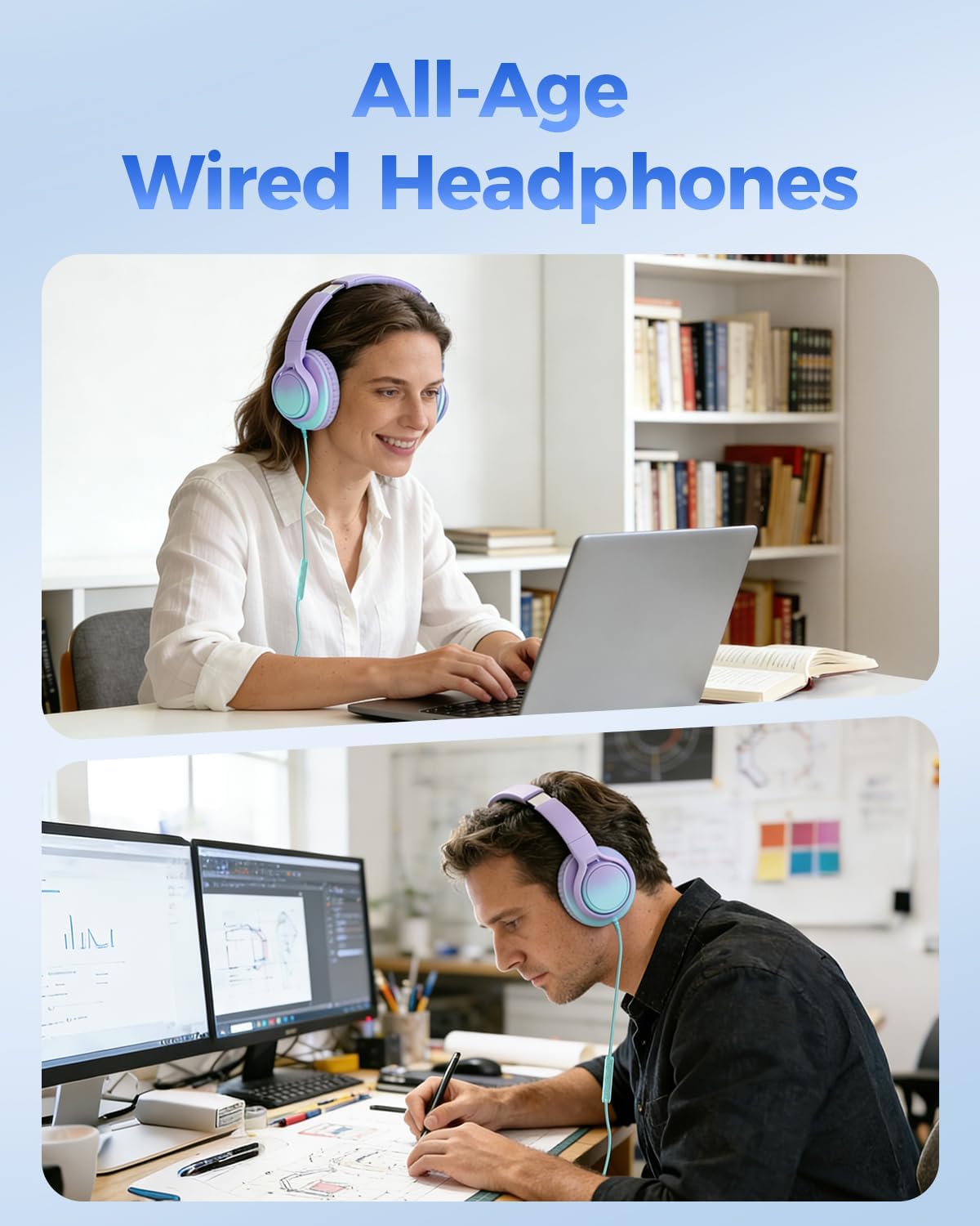 USB C & 3.5mm 2 in 1 Wired Headphones, Stereo Over Ear Headphones with HD Mic, Tangle-Free Nylon Cord, Foldable Earphones for iPad, Tablet, Laptop, Android, School, Travel