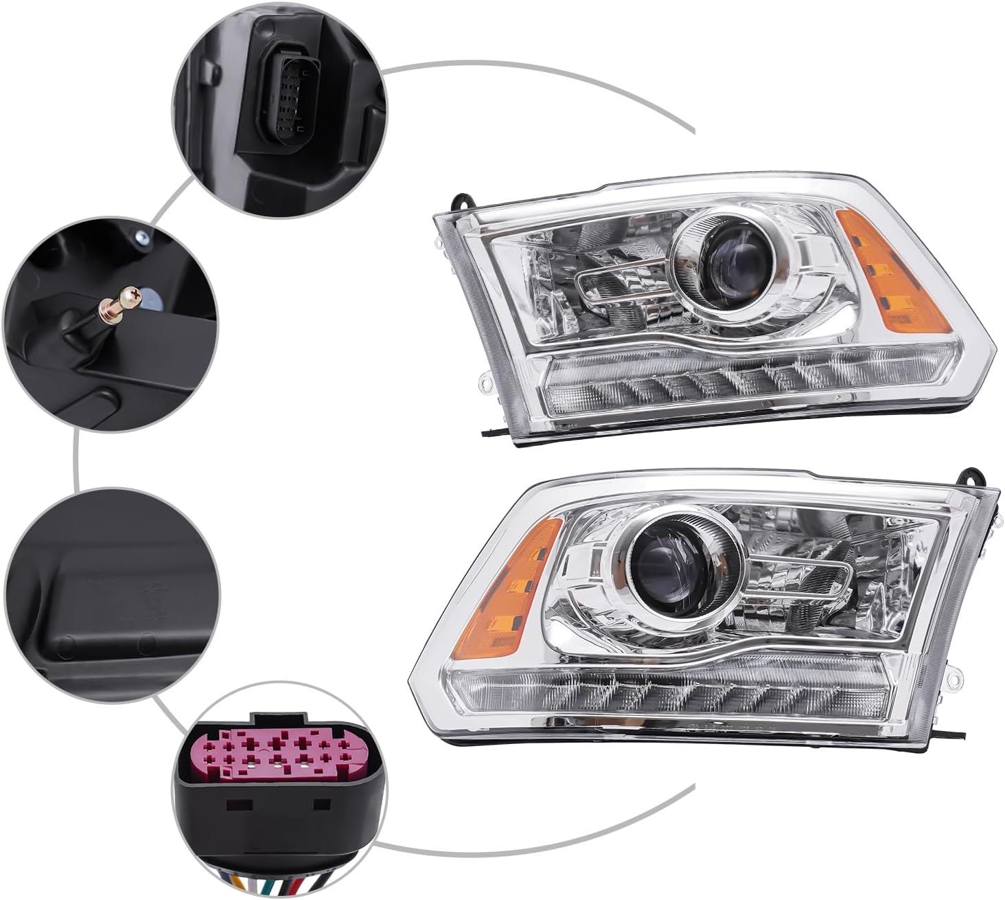 Chrome Projector Headlights Headlamps Left+Right Intended for Dodge Ram 2013-2018 1500 2500 3500 Factory Projector Headlights LED with Bulbs CH2502245 CH2503245