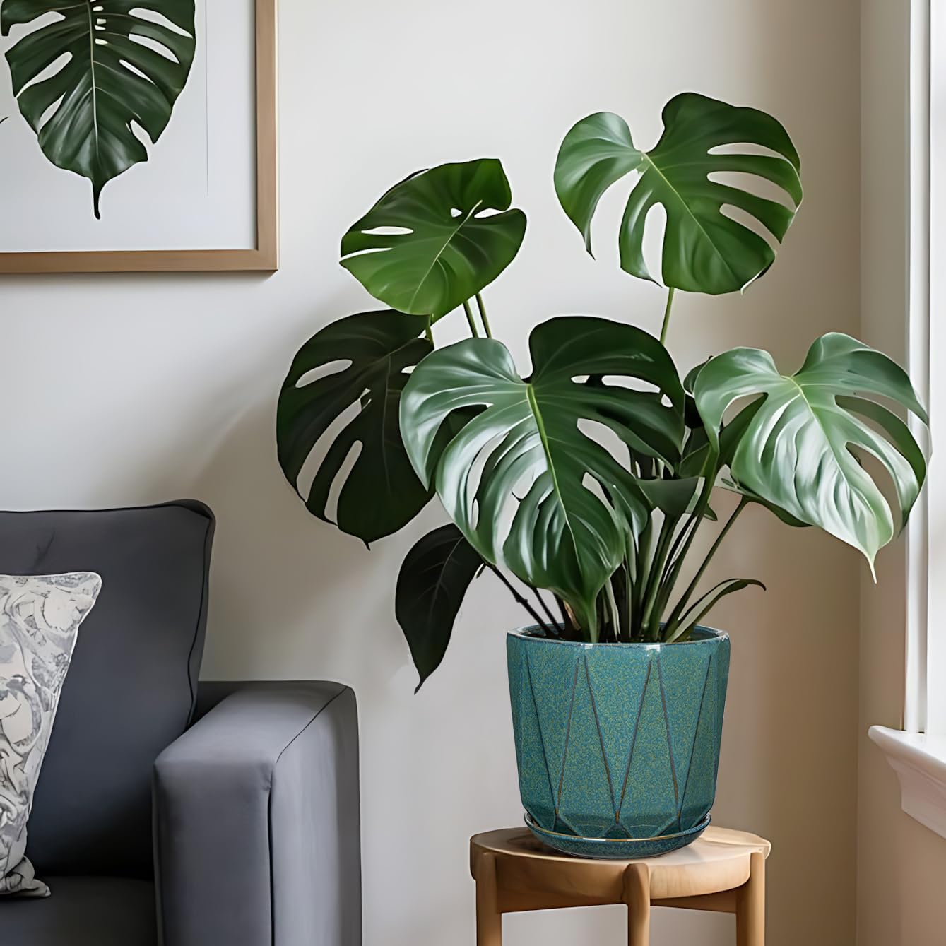 Oairse Ceramic Pots for Plants, 8+6 inch Plant Pots with Drainages Holes & Saucers Large Greyish Turquoise Ceramic Planters Decorative Flower Pot for Indoor Plants Outdoor Inoor