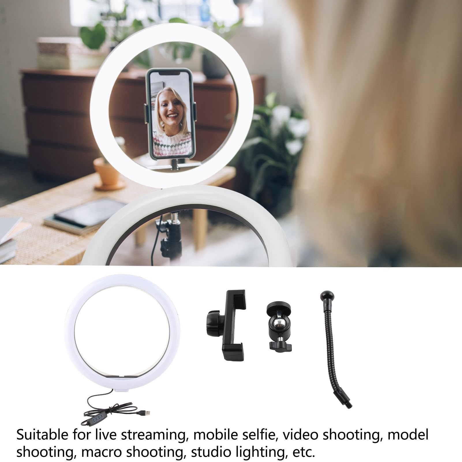 Tyenaza Anillo de Luz LED, Anillo Aro Selfie de Luz LED, Anillo de Luz para Selfies de 13 Pulgadas con Soporte para Teléfono y Enchufe USB para Transmisión de Fotografía y Selfies de Maquillaje