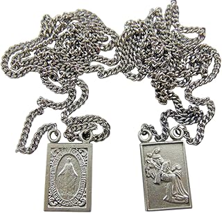 Pewter Catholic Scapular Medal Our Lady of Mount Carmel & Sacred Heart on a Stainless Steel Chain