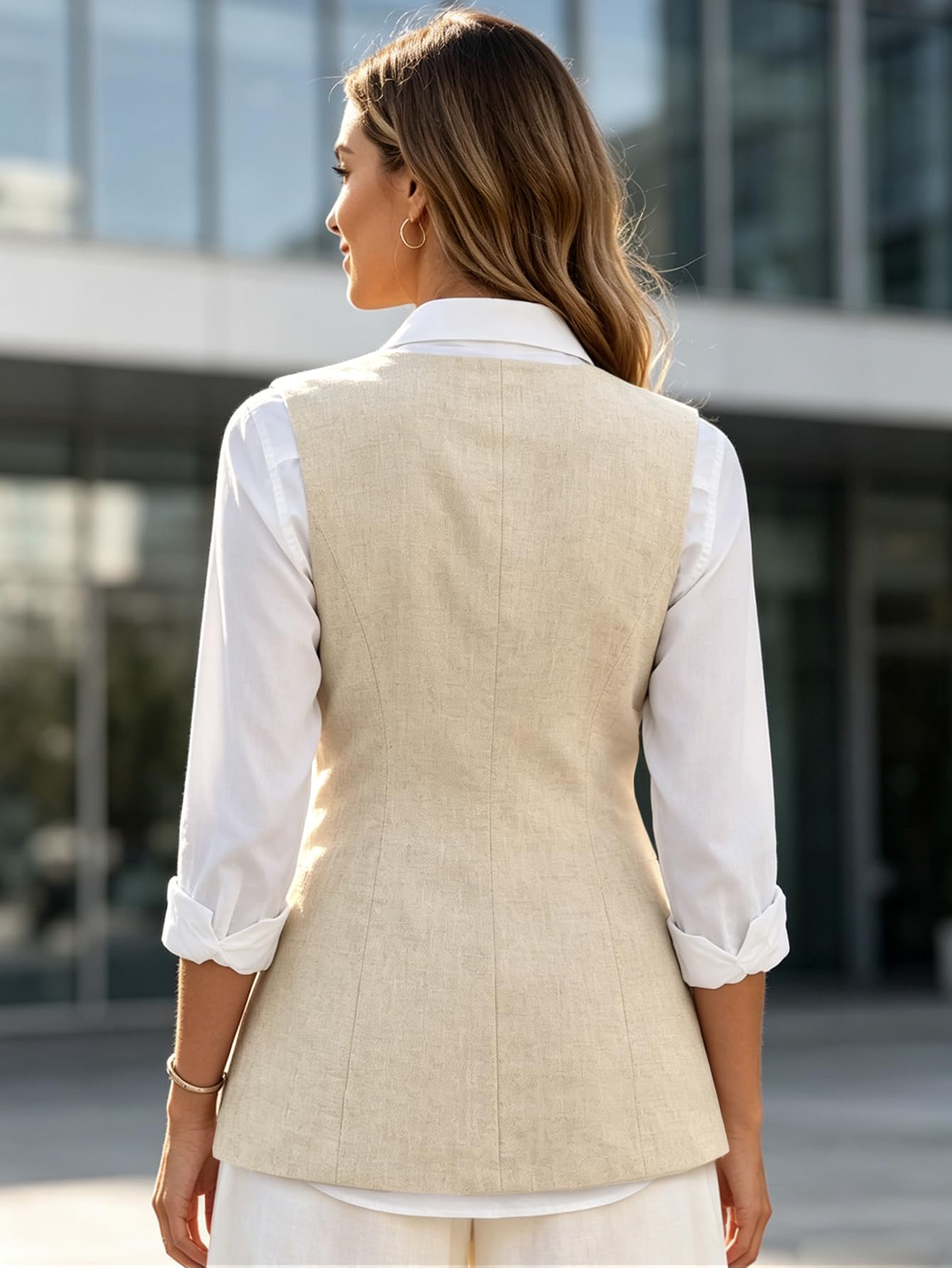 Mina Self 2025 Herbst Damen Lange Leinenweste Tops – leicht, atmungsaktiv, modisch, vollständig gefüttert, Büro-Oberbekleidung mit Taschen