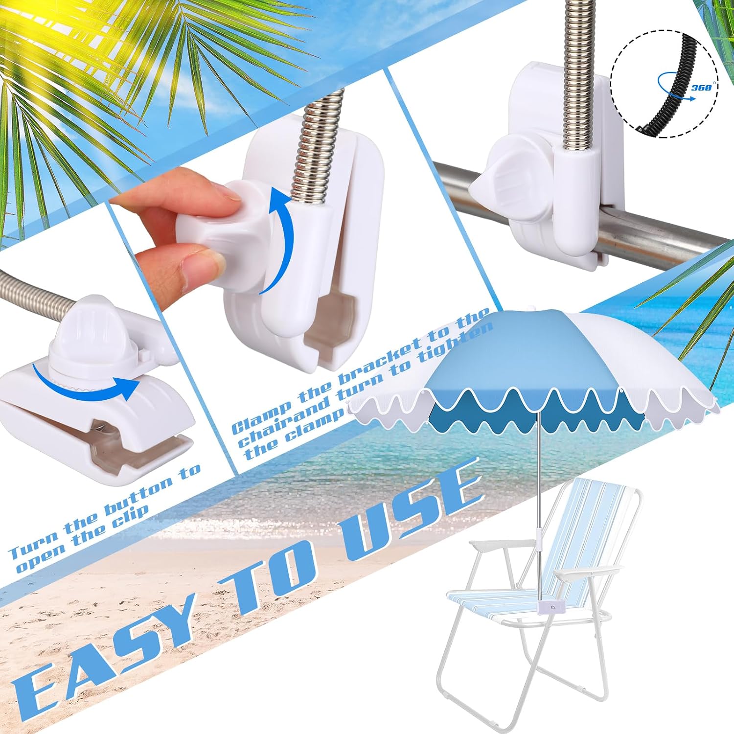 Abbylike 2 Pcs Scalloped Chair Umbrella with Universal Adjustable Clamp 38'' Portable Wheelchair Umbrella UPF 50+ Camping Chair Parasol with Bag for Outdoor Patio Lawn