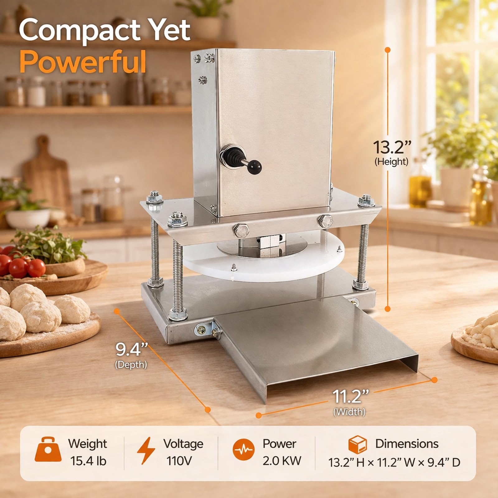 Pressa Impasto Elettrica 8.6 Pollici, Macchina Pizza in Acciaio Inox con Spessore Regolabile, Pressione Uniforme per Pizzeria e Cucina Professionale