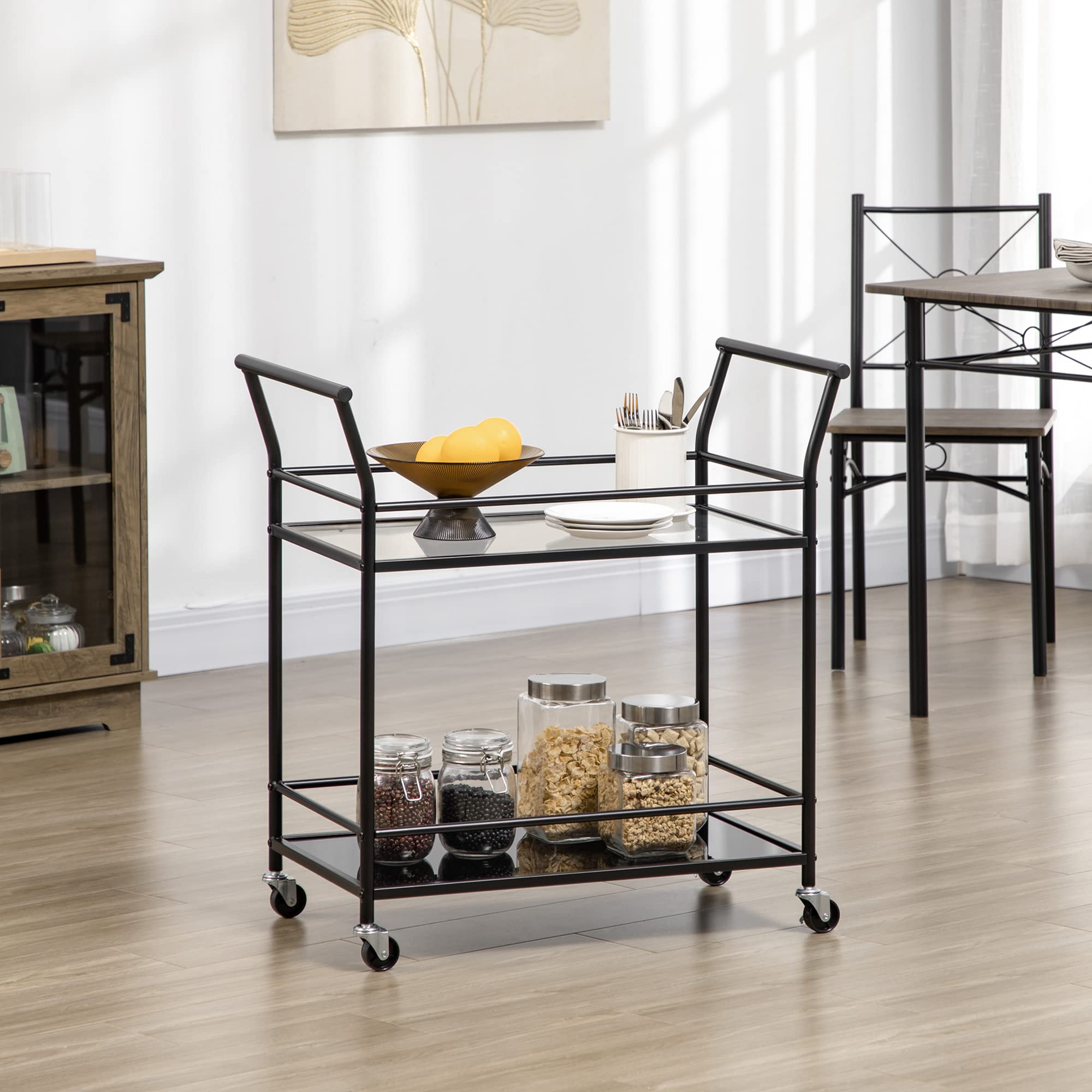 HOMCOM Carrello da Cucina a 2 Livelli con Piani in Vetro Temperato, 4 Rotelle e Struttura in Metallo, 75x40x80 cm, Nero
