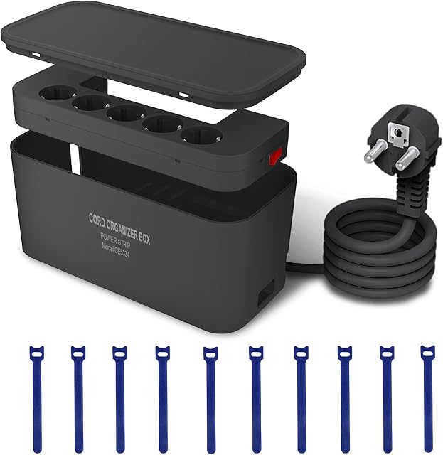 Skrzynka na Kable z Listwą Zasilającą USB, Ochrona Przed Przepięciem, 5 Gniazd, z 3 Portami Ladowania USB, Adapter do gniazdka (2500 W), z Kablem 2m, 29,5 x 14 x 14 cm, Czarna