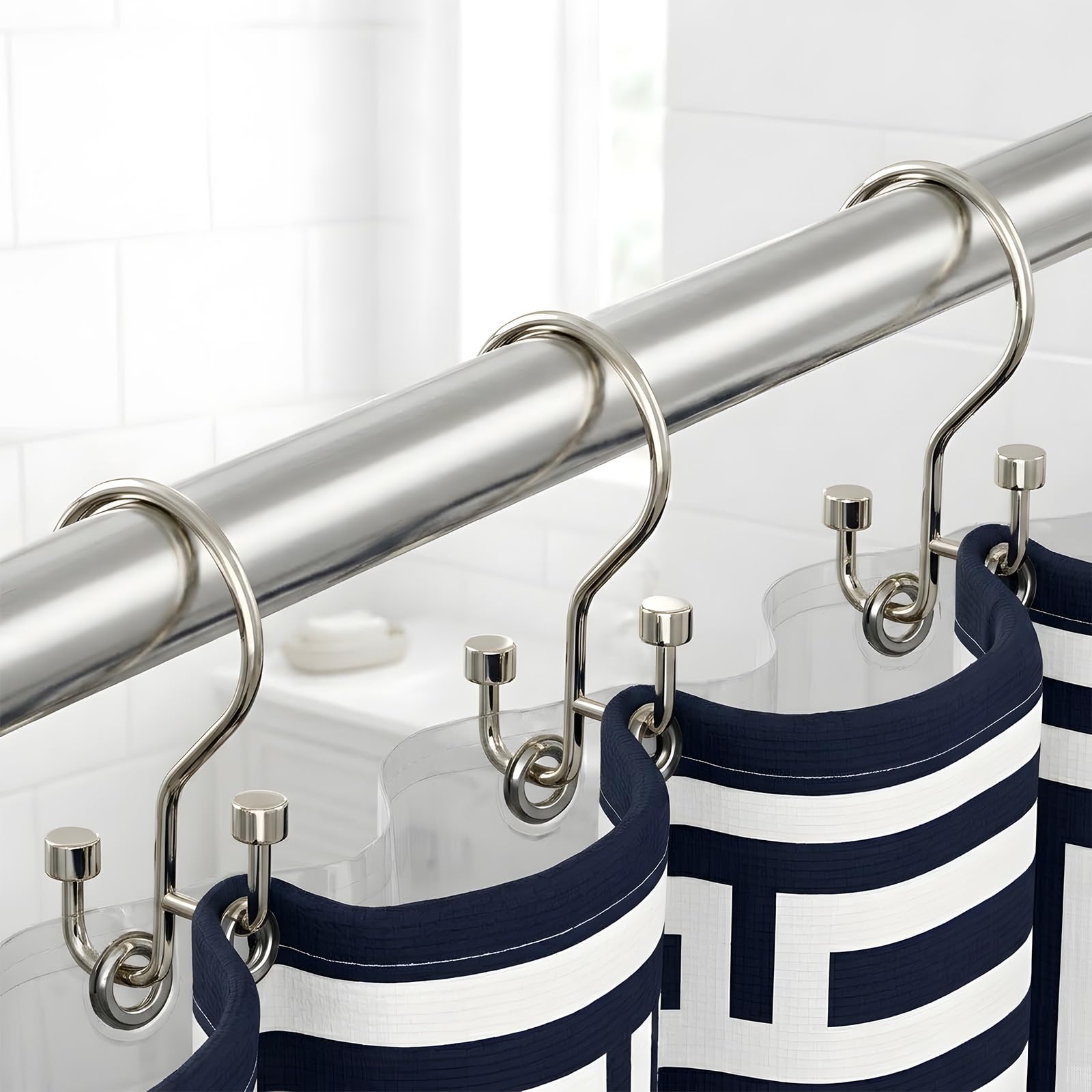 Bathway Lot de 12 crochets de rideau de douche double face en nickel antirouille, crochets de douche en métal lisse et robuste, anti-nœuds, design haut et bas, pour rideaux de douche et tringles