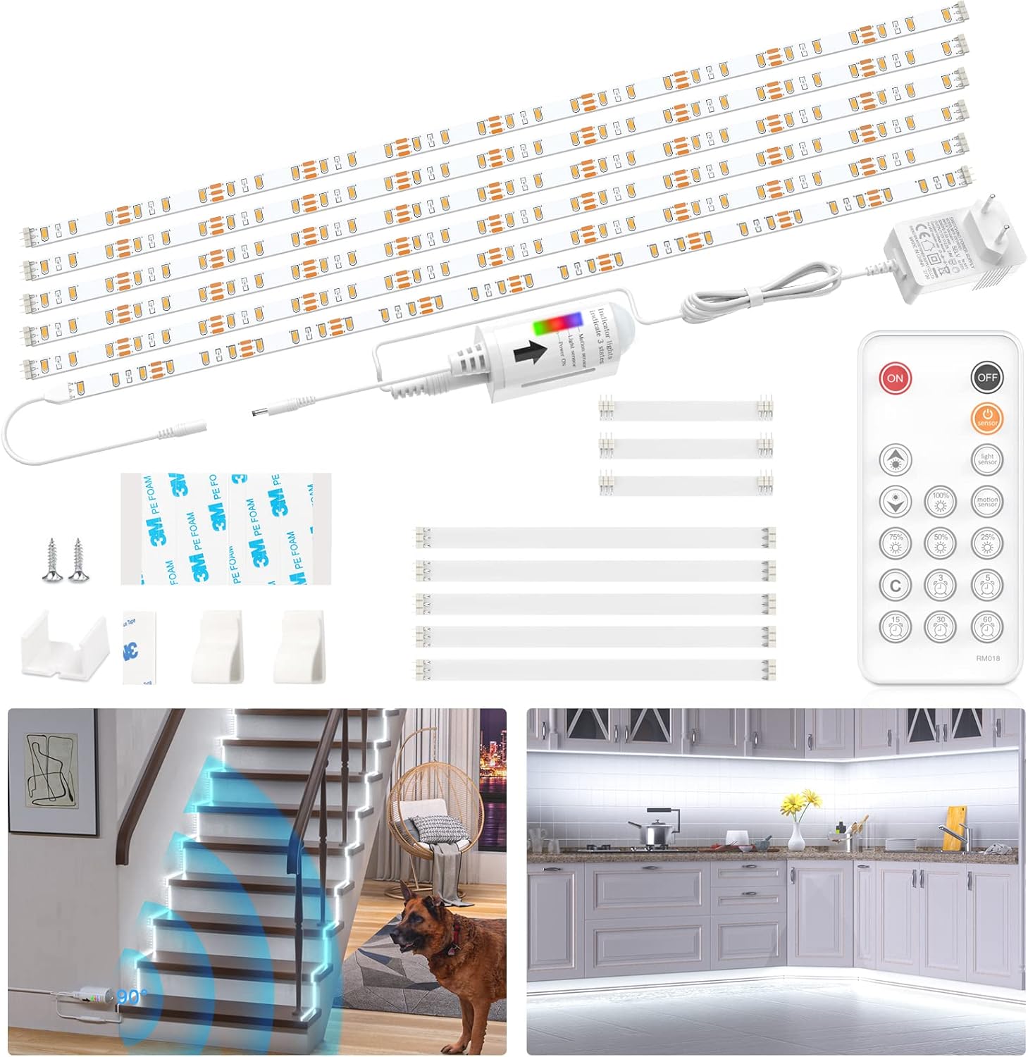 Wobsion LED Strip Motion Sensor, LED Strip 3 m White 6000 K, 6 x 50 cm