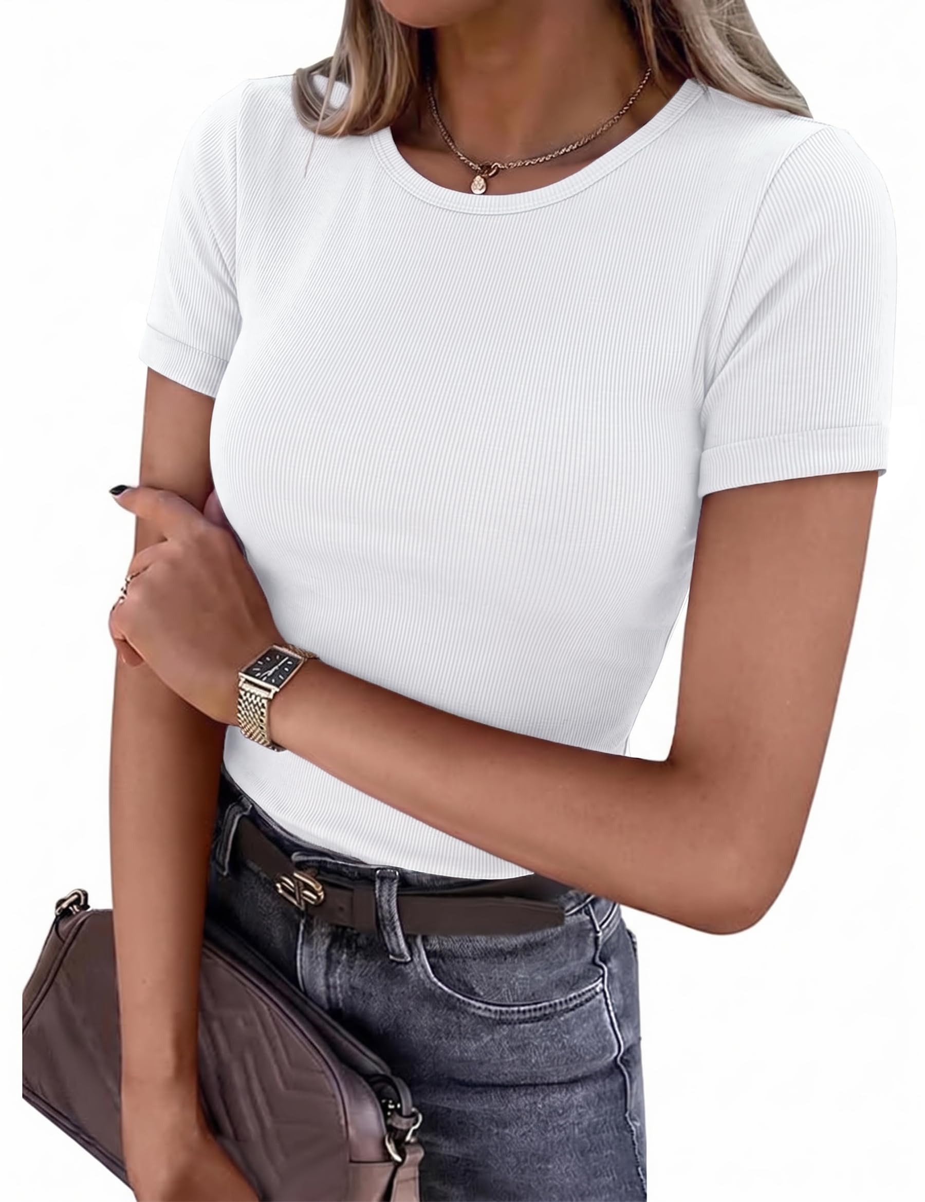 Demegimi Damen Sommer T-Shirt Slim Fit Rundhals Geripptes Basic Shirt Figurbetont aus Viskose Kurzarm Oberteil für Büro Freizeit