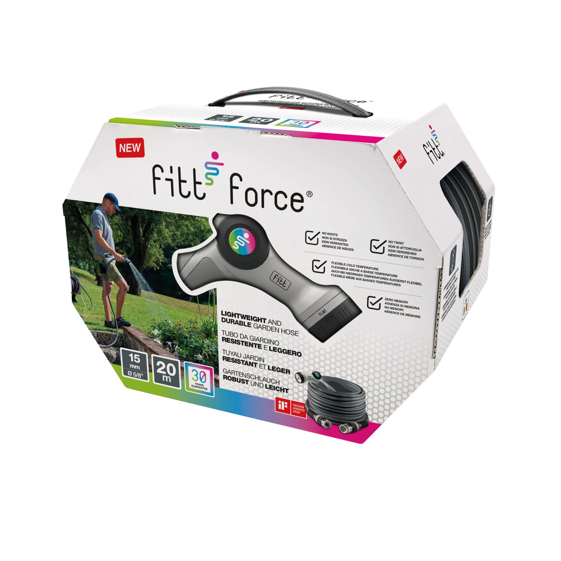 FITT FORCE 5/8" 20 m - Wasserschlauch für den Garten zur Bewässerung, kompakt, leicht und robust für intensive Verwendung mit Multifunktions-Pistole, Grau mit grünen Streifen
