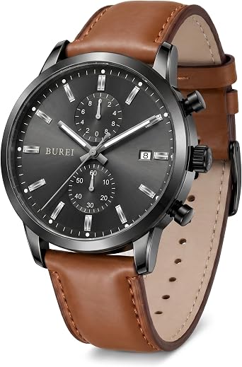 BUREI Men's Leather Watches Chronograph Quartz Watches for Men Classic Fashion Wristwatch Relojes para Hombres,Gift for MenBrown Black