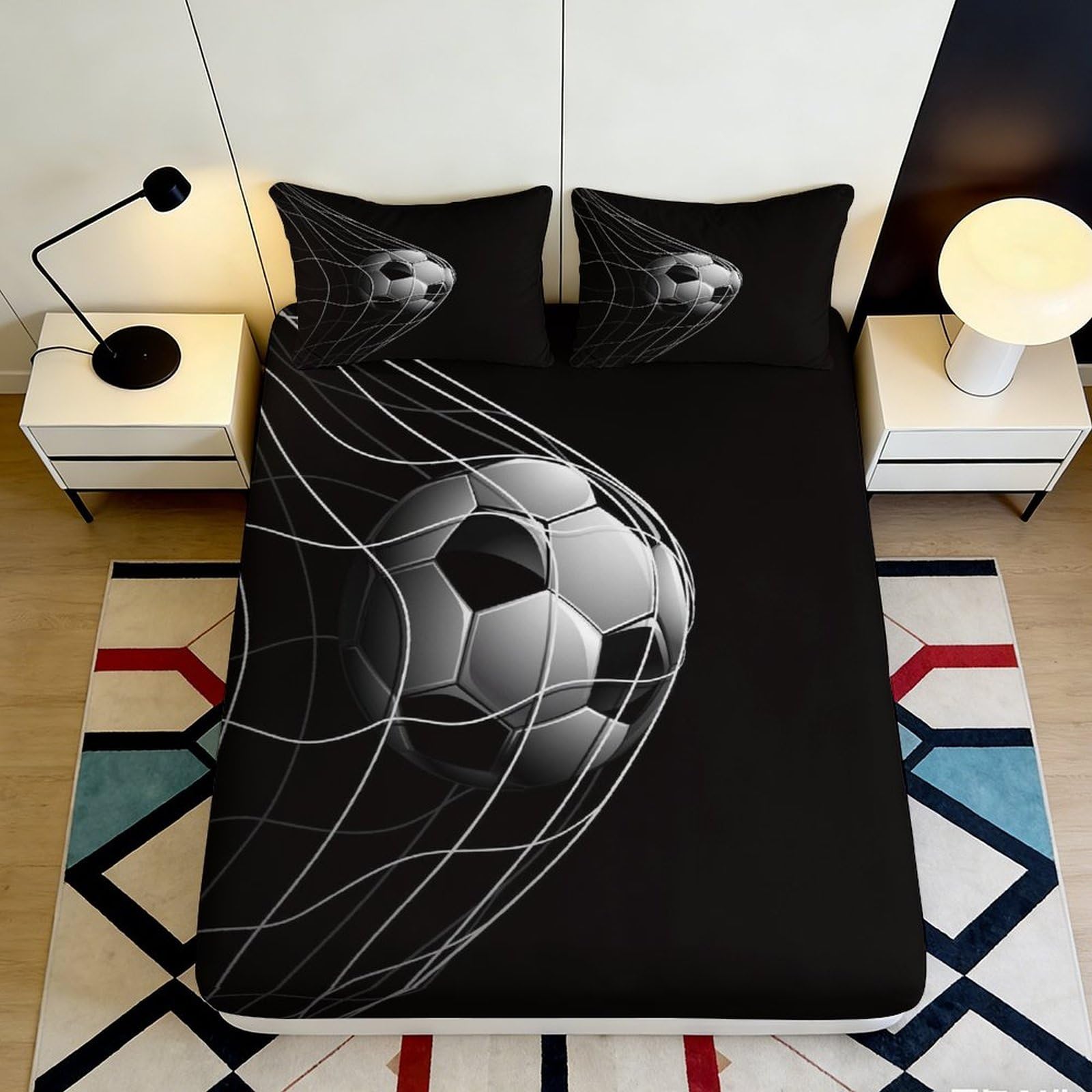 3D Printed Soccer Goal Fitted Sheet Microfiber Black Bed Sheet Football Net Mattress Cover Bedroom Decor 120x200x25cm