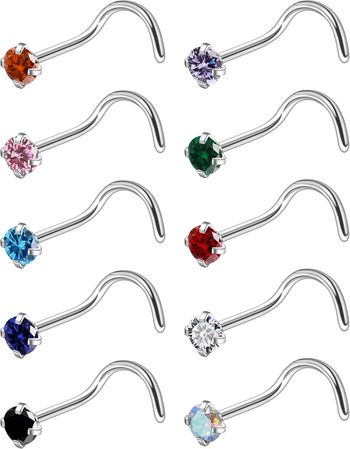 Ruifan ASTM F136 Titanium Nose Rings 18G 20G 22G Mix Color Cubic Zirconia Nose Studs Ring Screw L-Shaped Bone Hypoallergenic Body Piercing Jewelry for Women 1.5mm 2mm 2.5mm 3mm 10PCS