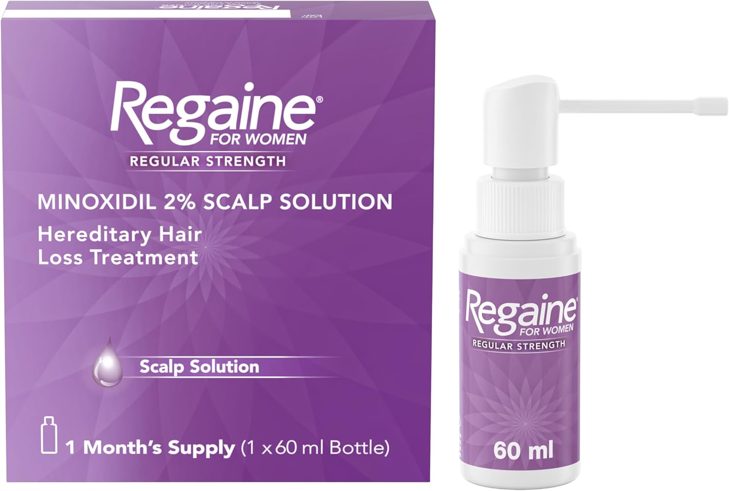 Regaine for Women 2% Minoxidil Regular Strength Scalp Solution for Hair Regrowth 1x 60 ml, Scientifically Proven to Help Stop and Reverse Hereditary Female Hair Loss, Revitalise Hair Follicles